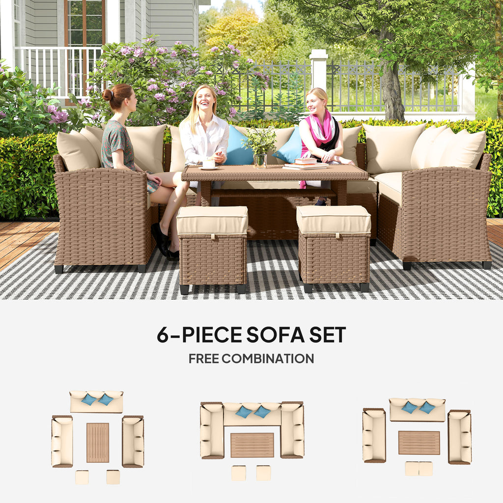 6 Piece Patio Furniture Set, PE Wicker Outdoor Furniture Conversation Set with 3 Sofas, 2 Ottomans and Slatted WPC Top Dining Table, All Weather Sectional Sofa Couch with Pillows, Khaki