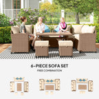 6 Piece Patio Furniture Set, PE Wicker Outdoor Furniture Conversation Set with 3 Sofas, 2 Ottomans and Slatted WPC Top Dining Table, All Weather Sectional Sofa Couch with Pillows, Khaki