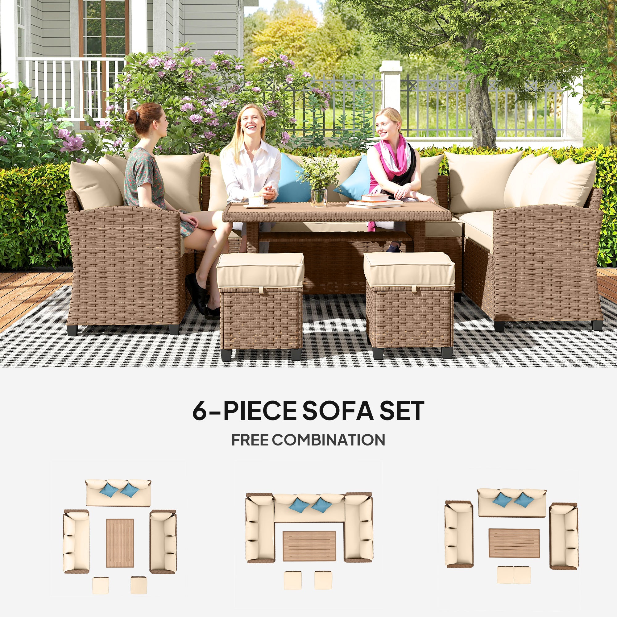 6 Piece Patio Furniture Set, PE Wicker Outdoor Furniture Conversation Set with 3 Sofas, 2 Ottomans and Slatted WPC Top Dining Table, All Weather Sectional Sofa Couch with Pillows, Khaki