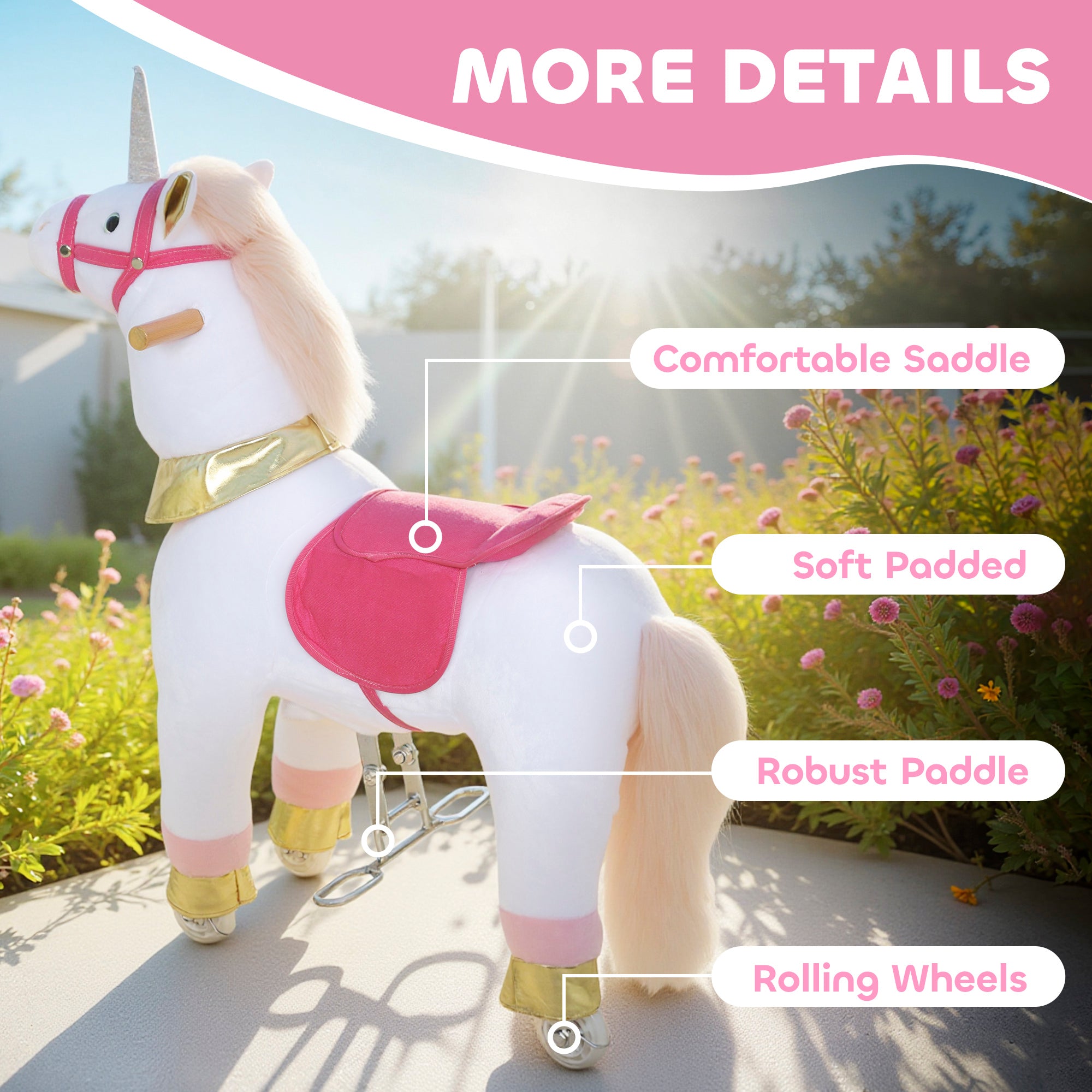 Ride on Unicorn Toy for Kids 3-5 Years, 29.5 Inch Plush Baby Rocking Horse with Wheels, No Battery Required, White