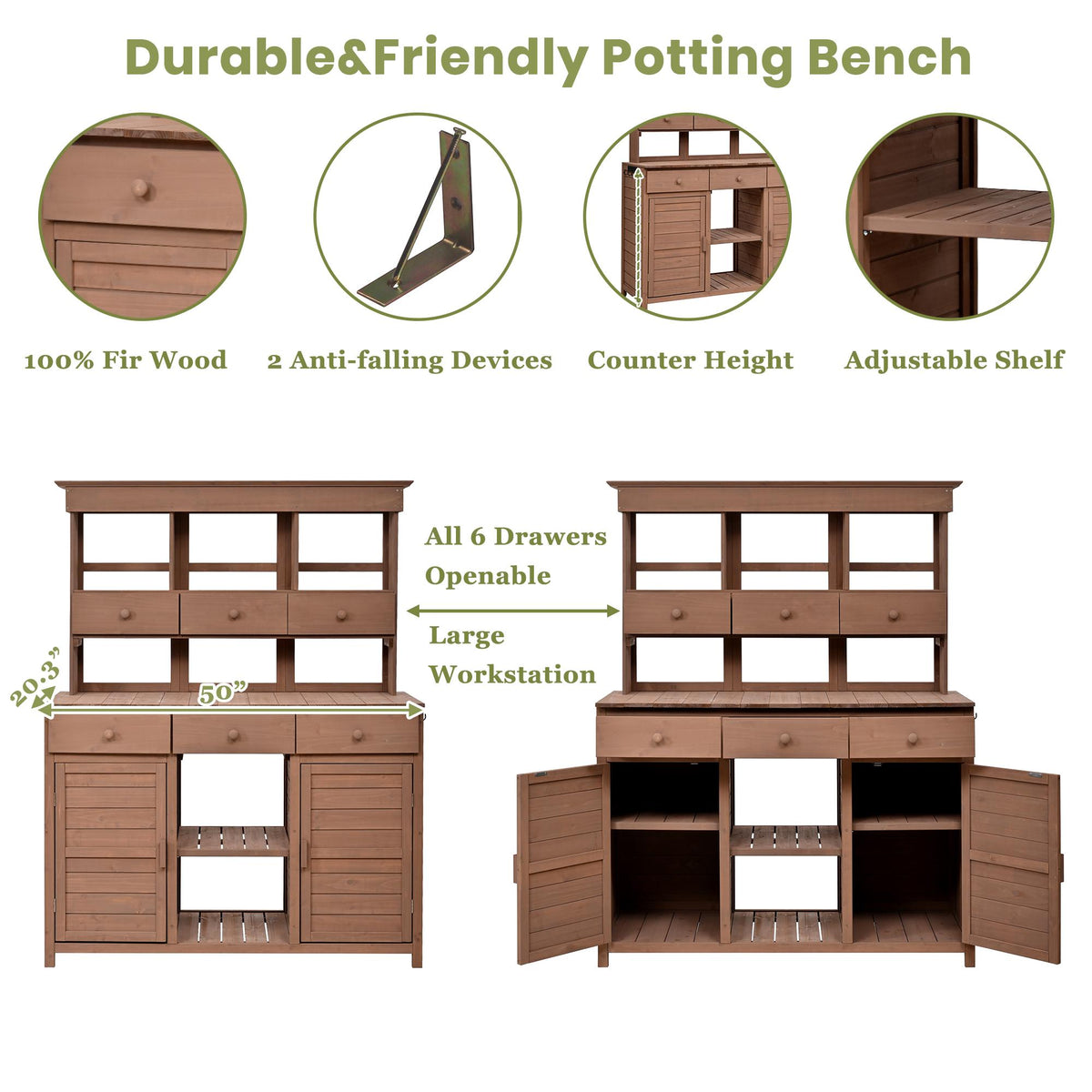 Tall Garden Potting Bench with Hutch & 6 Drawer, Wood Storage Workstation with 3 Shelf & 2 Cabinet, 50'' L x 20.5'' W x 65.5'' H, Brown