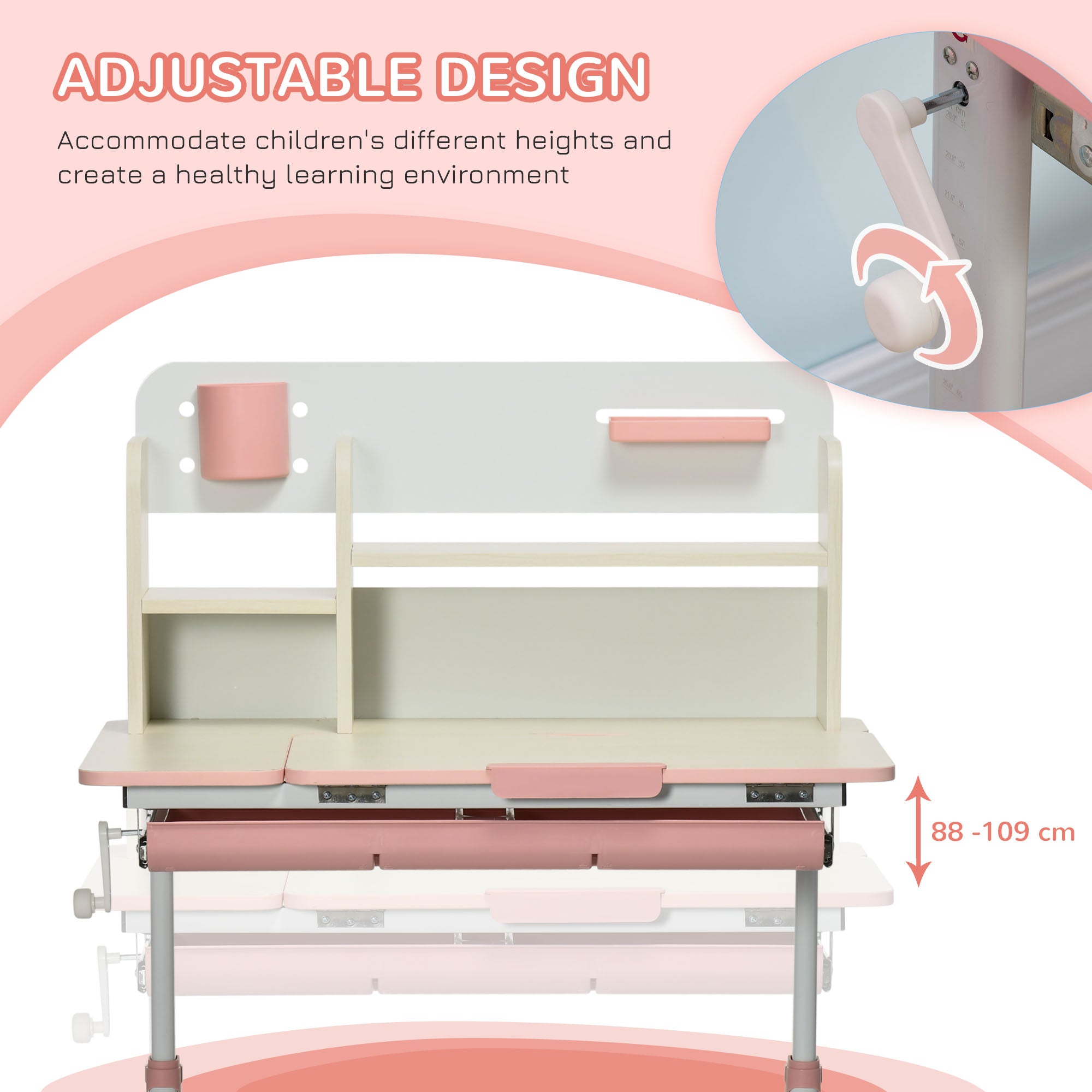 Wooden Kids Study Desk, Height Adjustable Children School Study Table, Student Writing Desk with Tilt Desktop, Drawer, Storage Shelf, Pen Holder, Pink