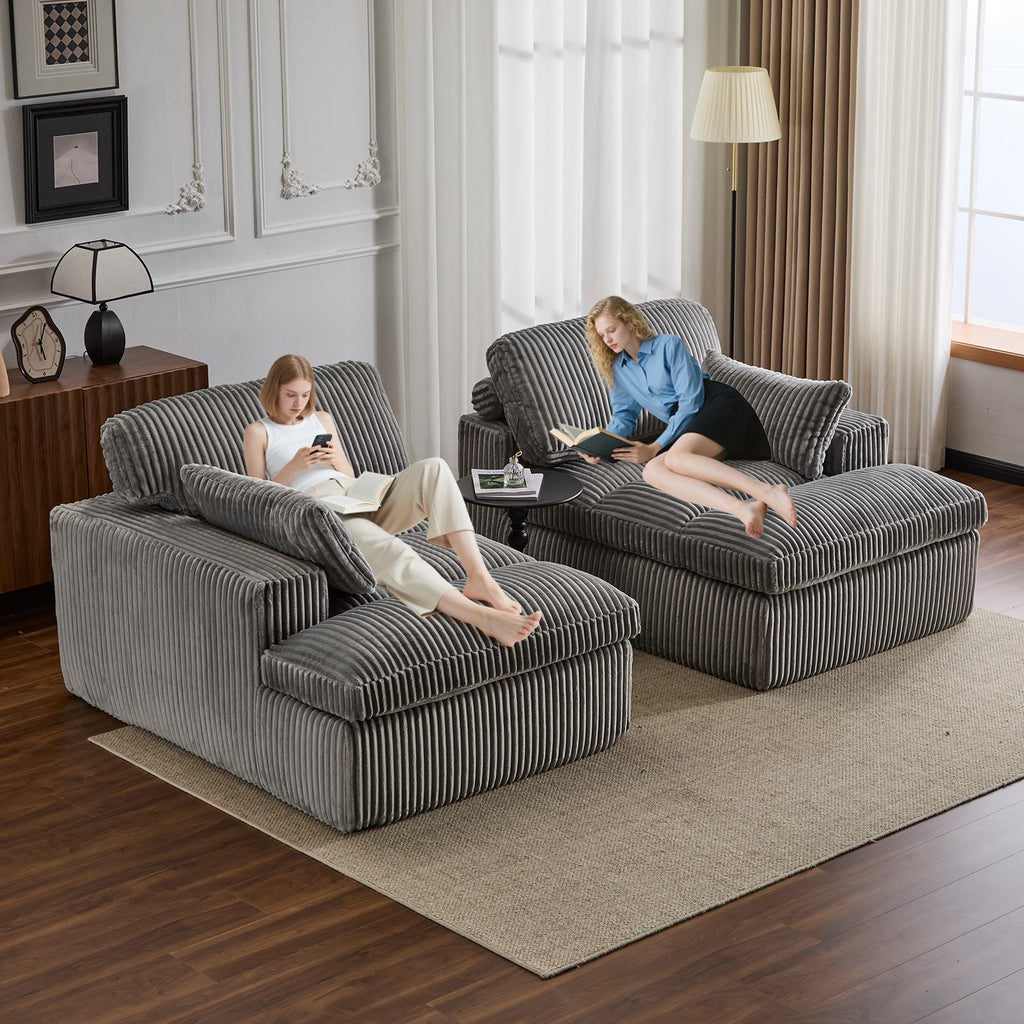 Deep Seat Sofa Double Chaise Lounge Chair with Corduroy Fabric, Compressed Sofa Sectional Loveseat for Apartments, 82.5'' L x 57'' W x 23.5'' H, Grey