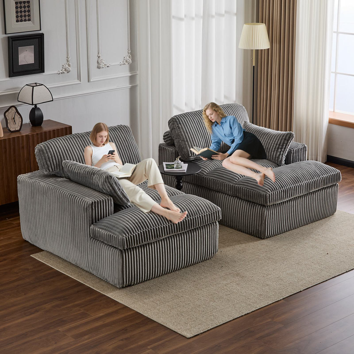 Deep Seat Sofa Double Chaise Lounge Chair with Corduroy Fabric, Compressed Sofa Sectional Loveseat for Apartments, 82.5'' L x 57'' W x 23.5'' H, Grey