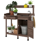 Potting Bench Table with Removable Sink, Outdoor Work Bench Table with Storage Cabinet, Hooks, Faucet and Drawer for Greenhouse, Garden, Patio, Dark Brown