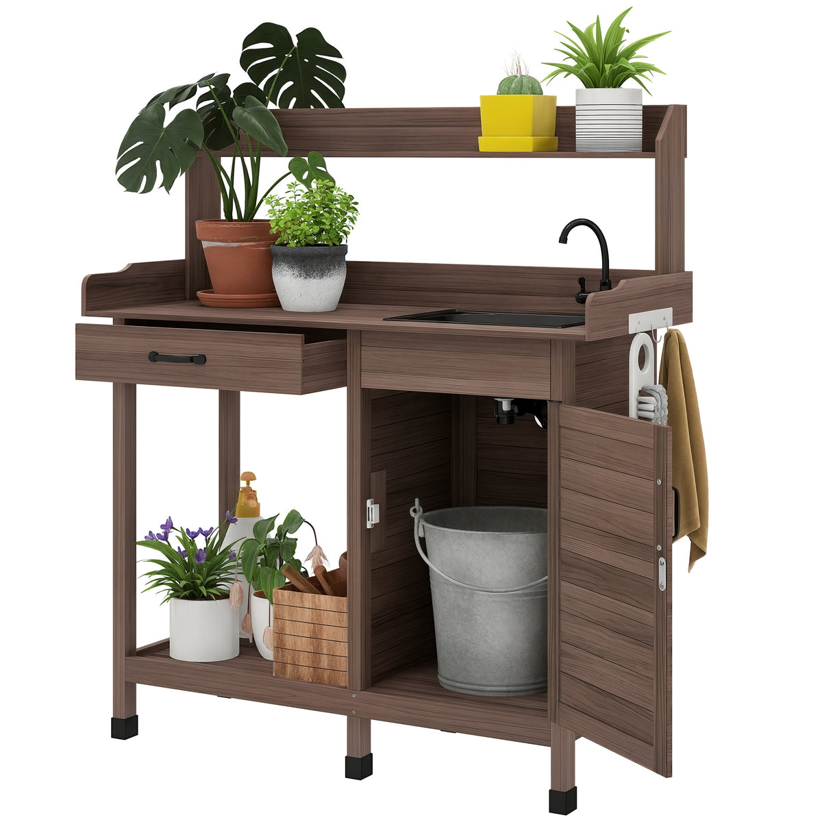 Potting Bench Table with Removable Sink, Outdoor Work Bench Table with Storage Cabinet, Hooks, Faucet and Drawer for Greenhouse, Garden, Patio, Dark Brown