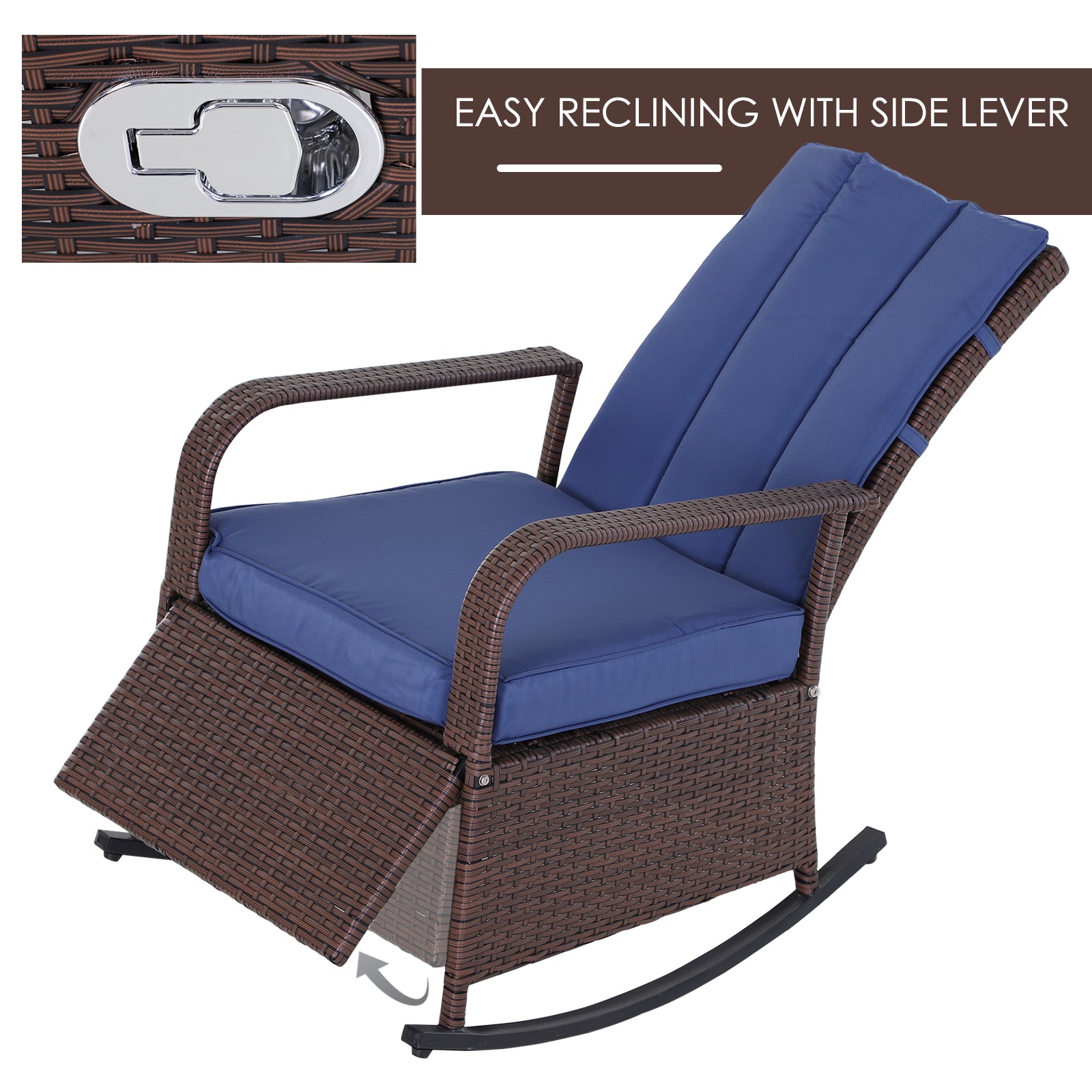 Outdoor Rattan Wicker Rocking Chair Patio Recliner with Soft Cushion, Adjustable Footrest, Max. 135 Degree Backrest, Blue