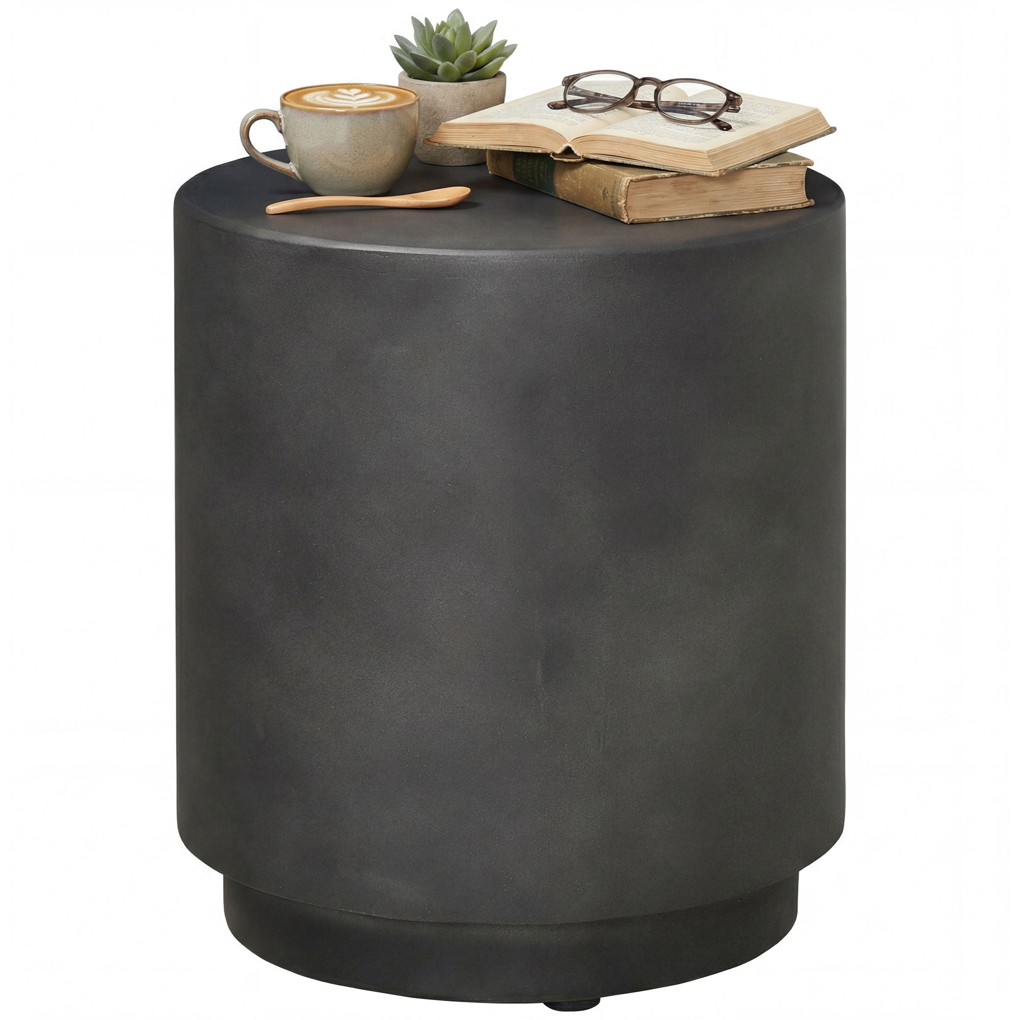 Lightweight Accent Table with Concrete Finish Round Side Table, Dark Gray