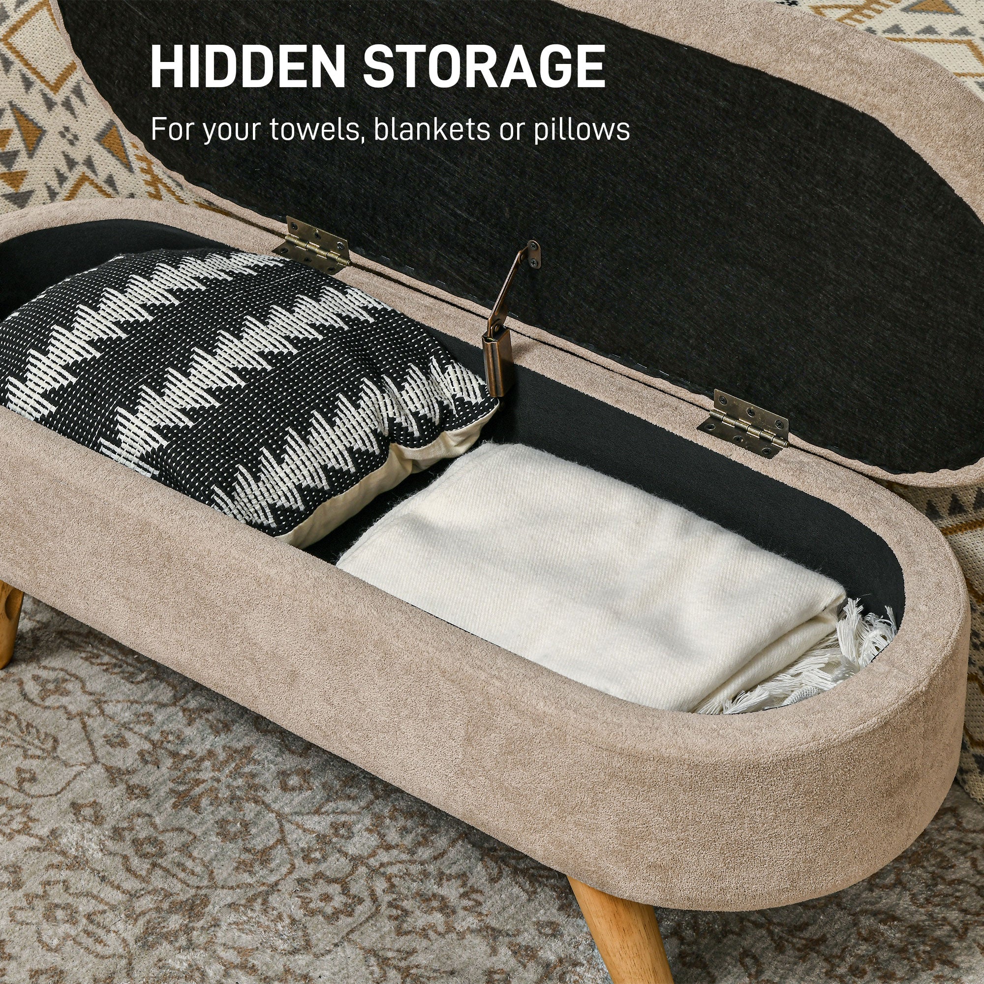 Storage Ottoman Bench, 43.3" Upholstered End of Bed Bench with Wood Legs, Modern Entryway Bench, Beige