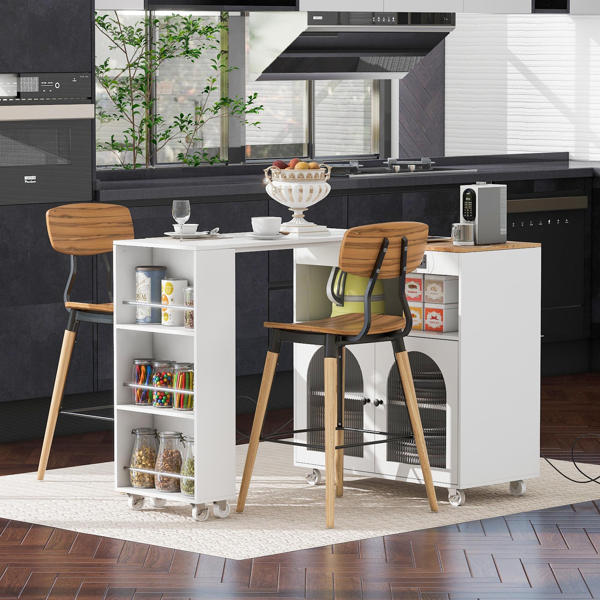 LED Kitchen Island with Extended Table, Power Outlets, Fluted Glass Doors, Utility Cart with Shelves and Cabinet, 56.5" L x 33" W x 38" H, White