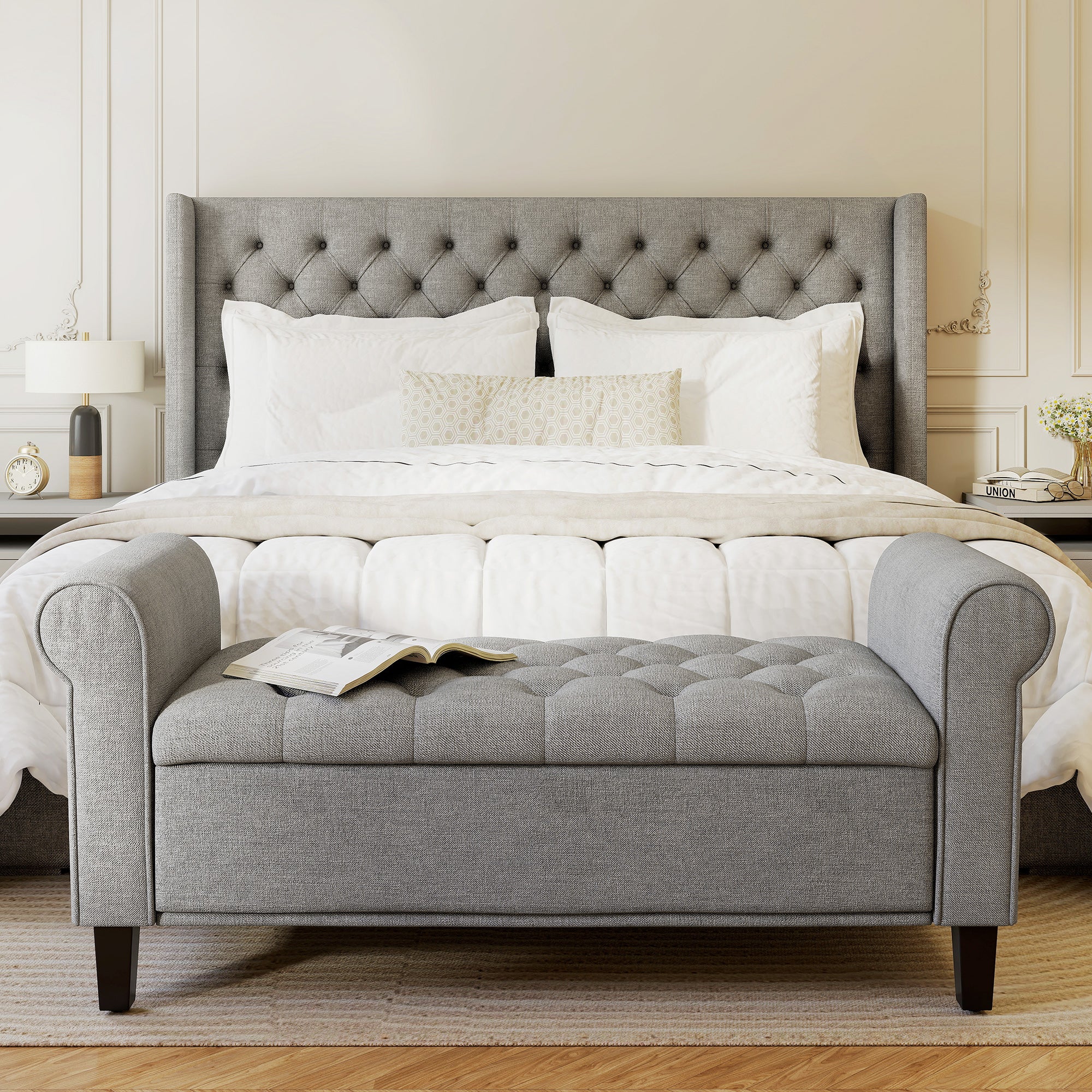 50 Inches Storage Ottoman, End of Bed Bench with Rolled Arms, Wood Legs, Button Tufted Storage Bench, Gray