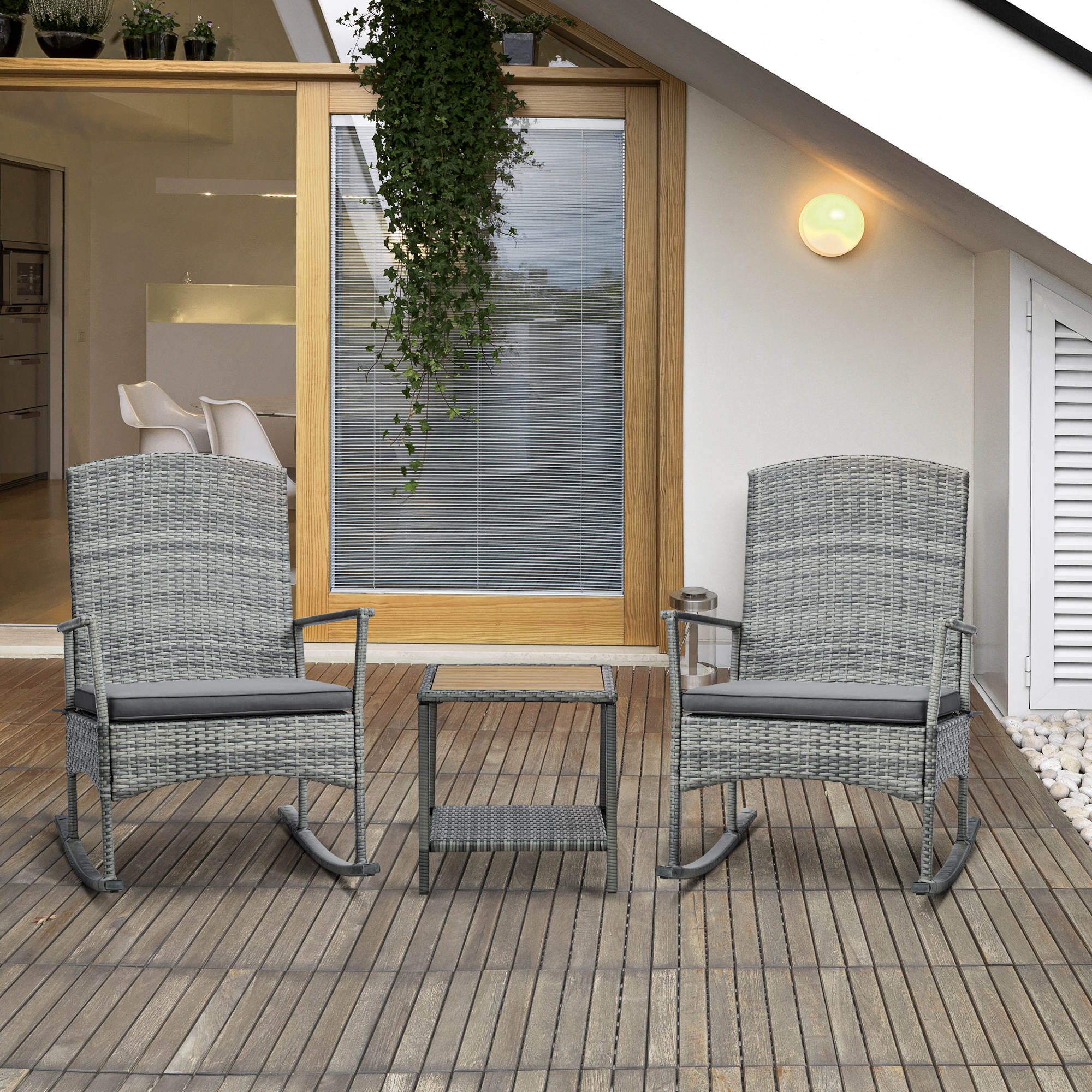 3 Piece Outdoor PE Rattan Rocking Chair Set, Patio Wicker Recliner Rocker Chair with Soft Cushion & Nature Wood Top Coffee Table, Gray