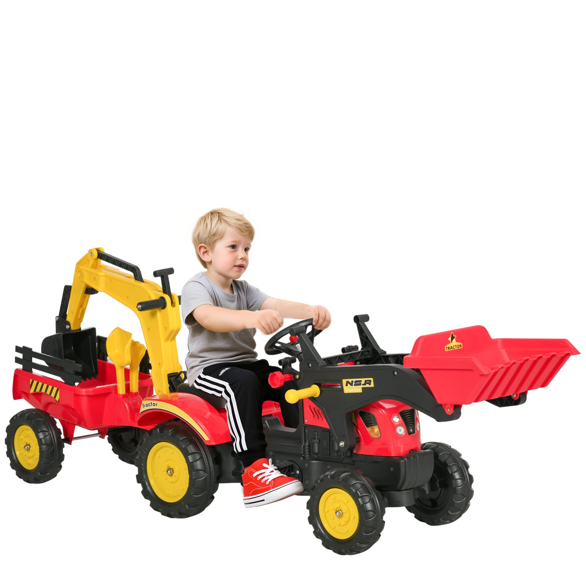 3 in1 Kids Ride On Bulldozer Excavator Toy with 6 Wheels Controllable Cargo Trailer Easy Pedal Controls for 3-6 Years