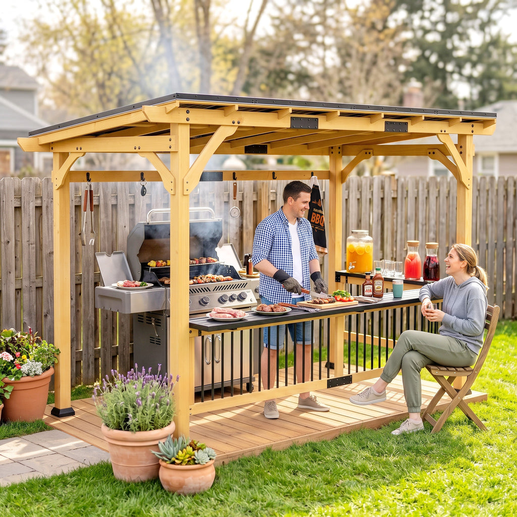 13' x 6' Wooden BBQ Grill Gazebo, Outdoor Hardtop Grill Gazebo with Metal Roof, 2 Bar Shelves and 6 Hooks, Natural