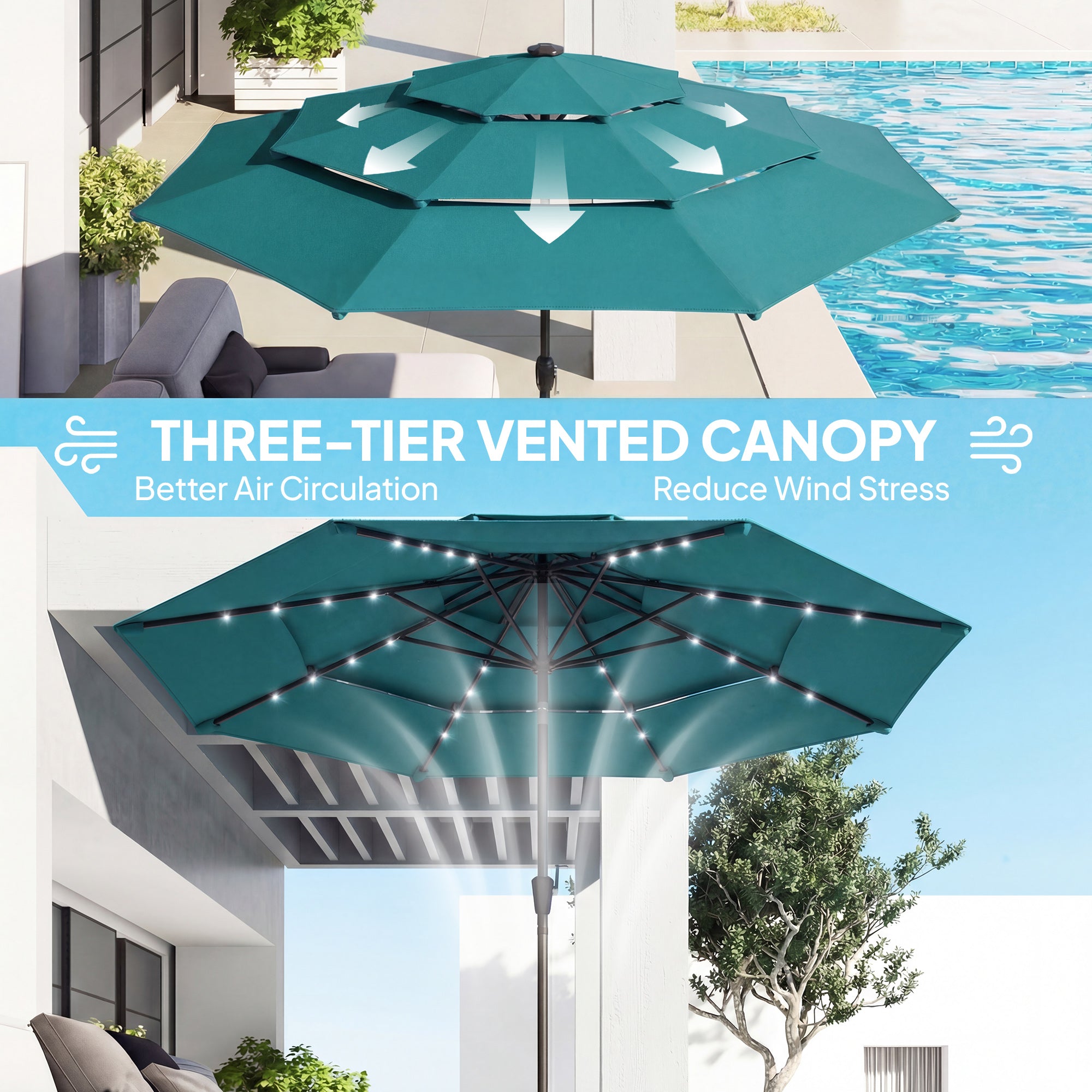 9.7 ft Outdoor Patio Umbrella with Solar LED Lights, 3 Tier Outdoor Table Umbrella with Tilt, Crank, Teal