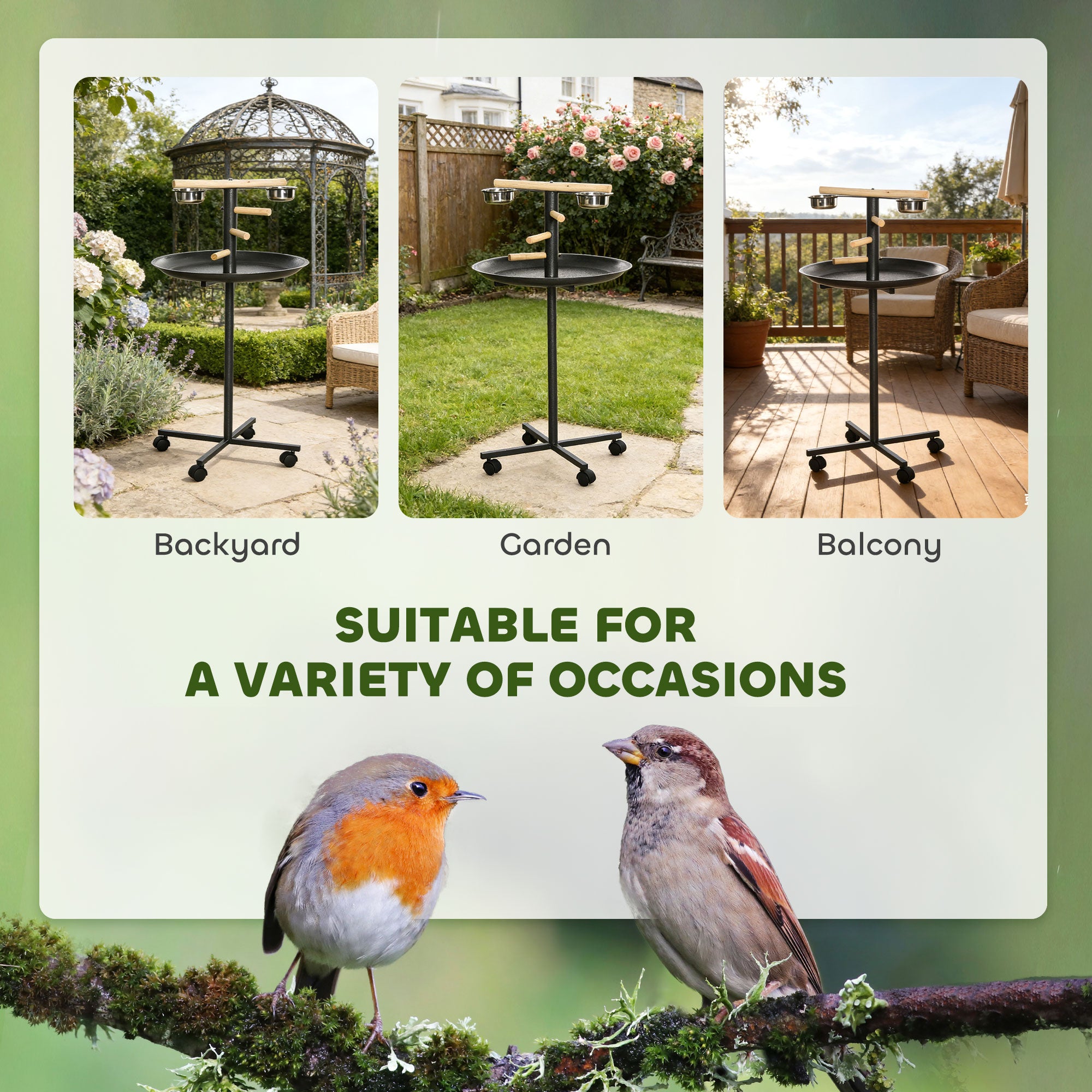 Portable Bird Play Stand, Parrot Perch Bird Feeder Station with Wheels, Stainless Steel Feeding Bowls, Tray, Gray