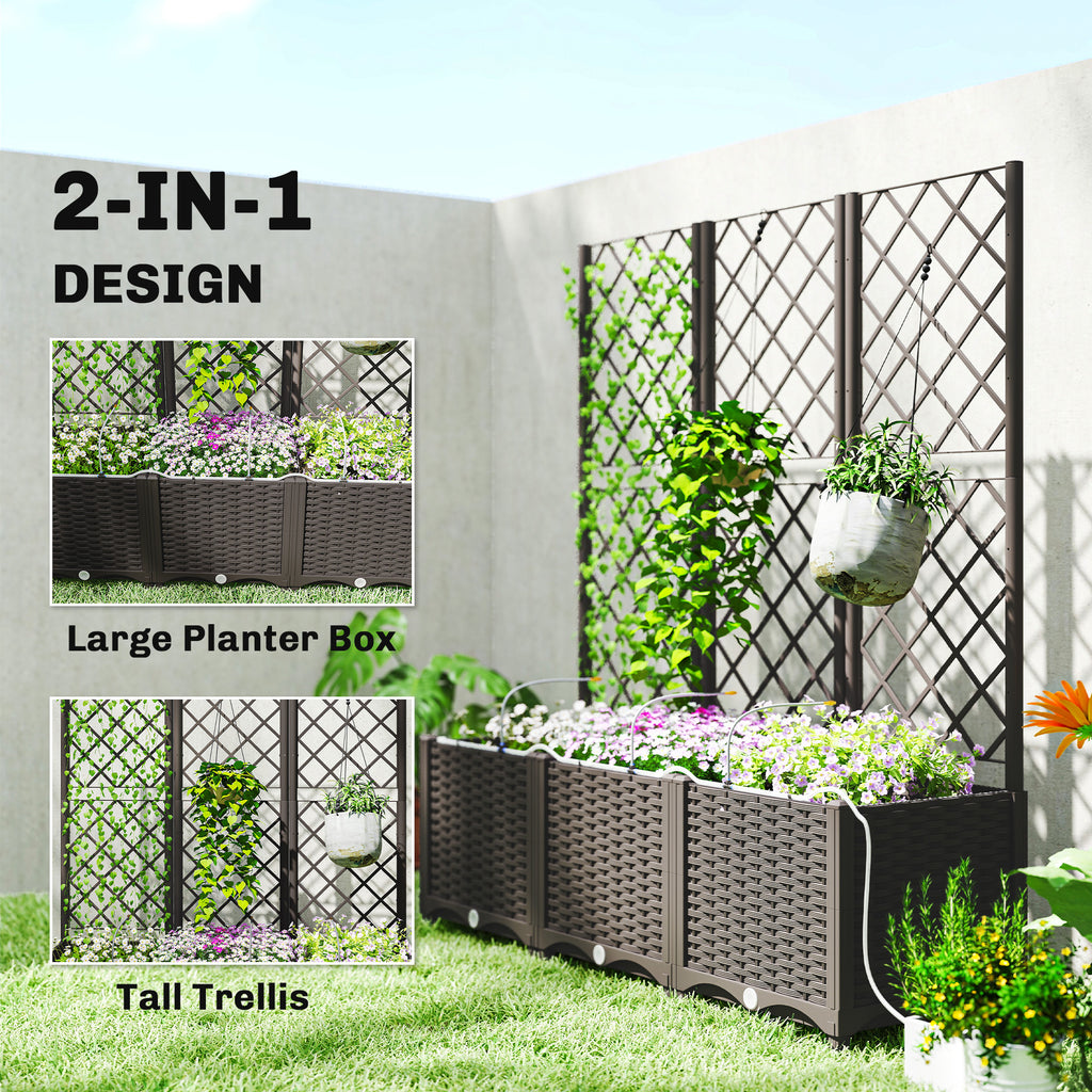 3PCS Plastic Planter Box with Trellis, Self-Watering Raised Garden Bed with Trellis and Automatic Watering Timer Kit