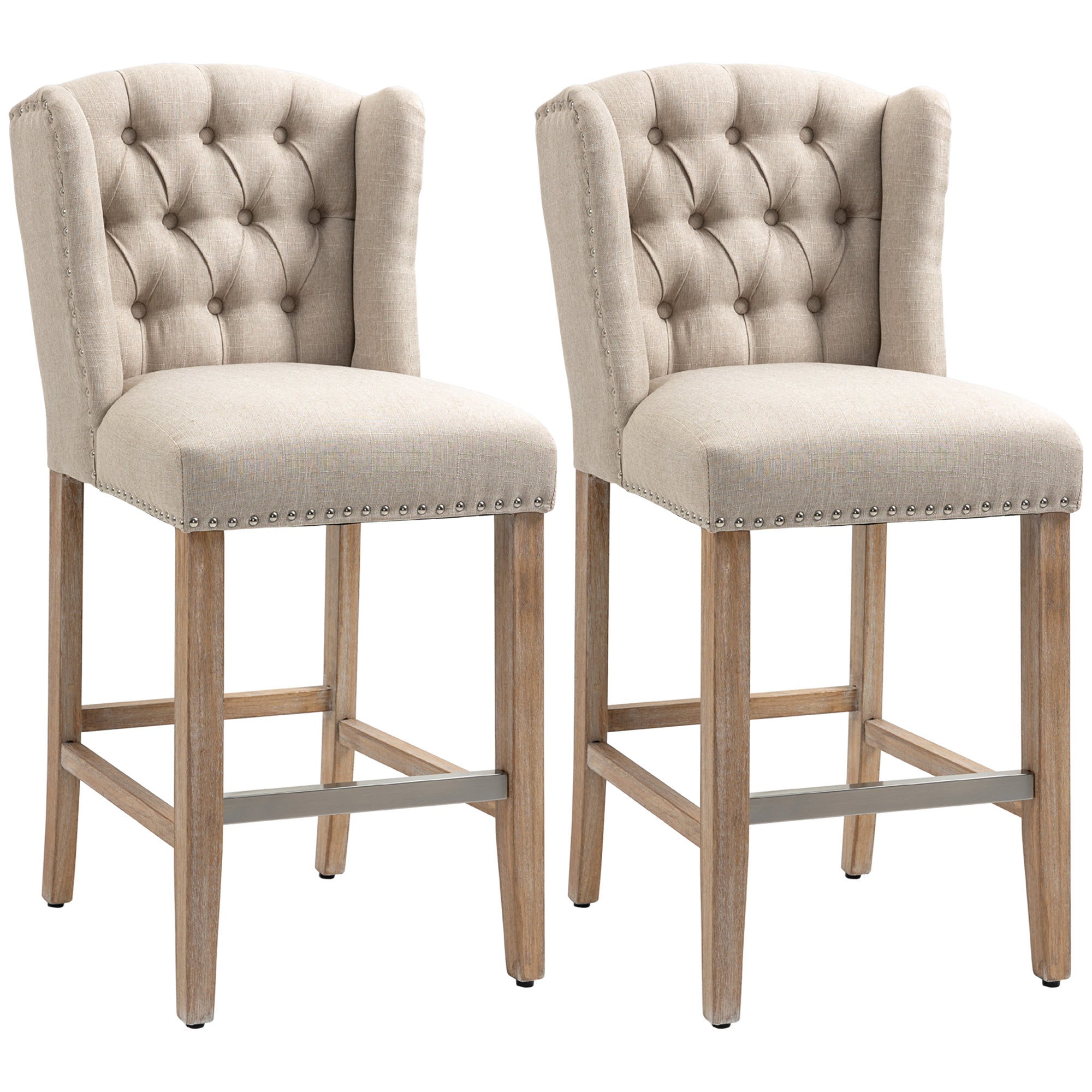 Counter Height Bar Stools Set of 2, 27" Seat Height Upholstered Barstools, Farmhouse Kitchen Island Stools with Nailhead-Trim, Tufted Back and Wooden Legs, Beige