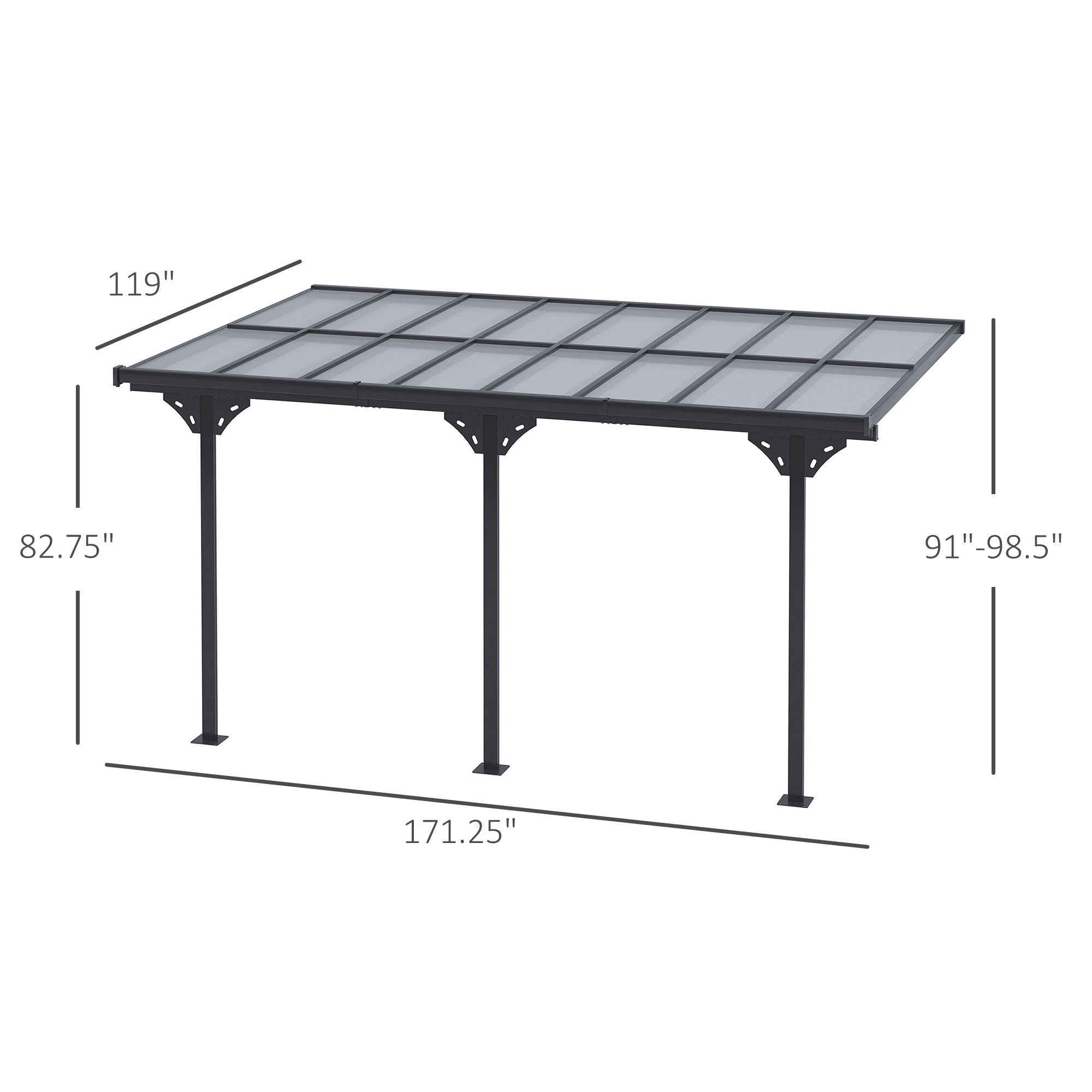 14.5' x 10' Aluminum Polycarbonate Pergola with UV Blocking for Outdoor Wall-Mounted Use, Family Shade, Gray