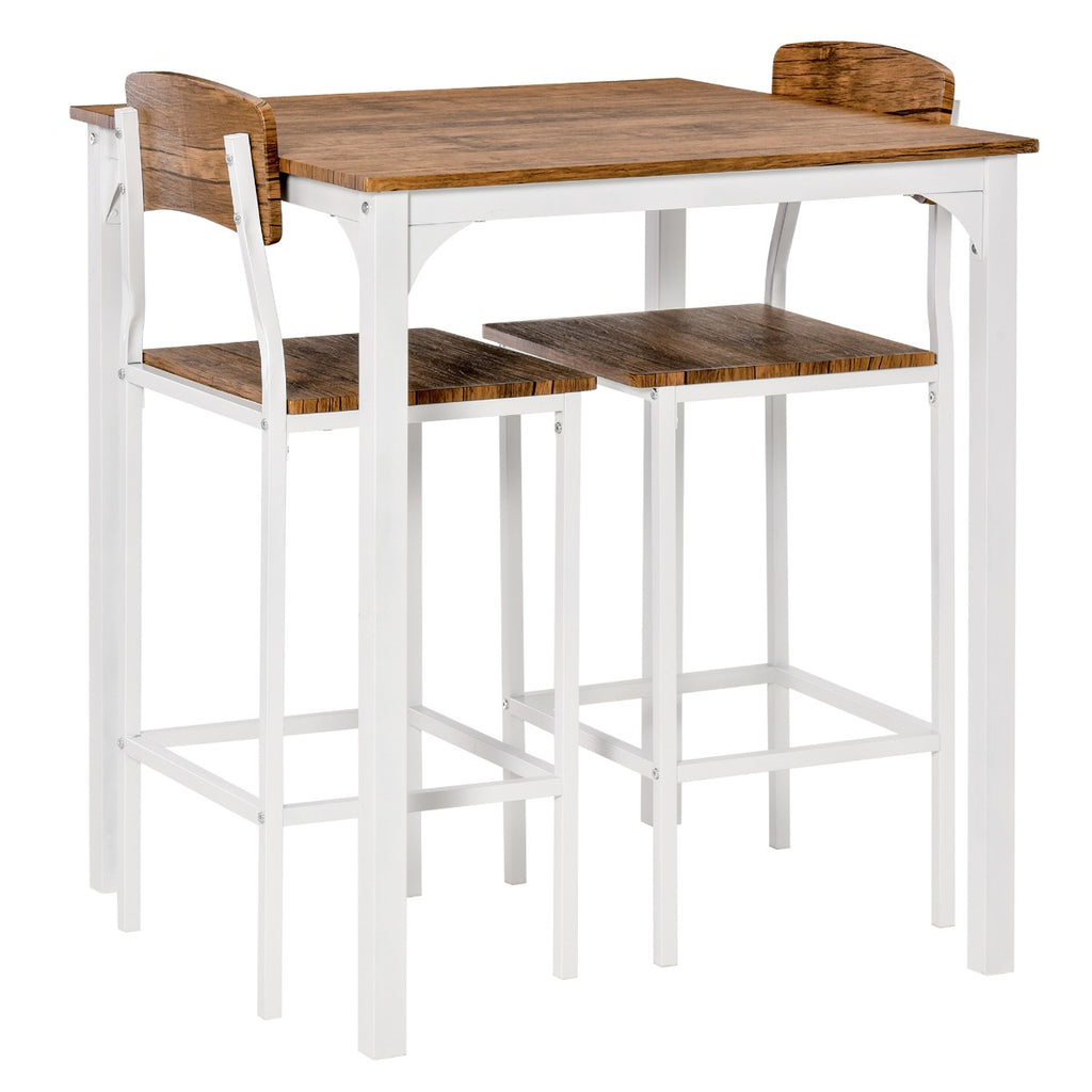 3 Piece Industrial Counter Height Dining Table Set, Bar Table & Chairs with Steel Legs & Footrests, White