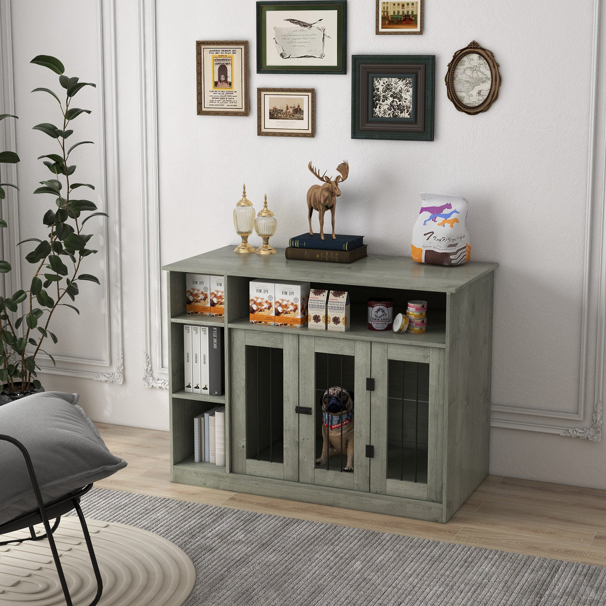 47" Dog Crate Furniture with Storage, for Large Medium Dogs, Gray
