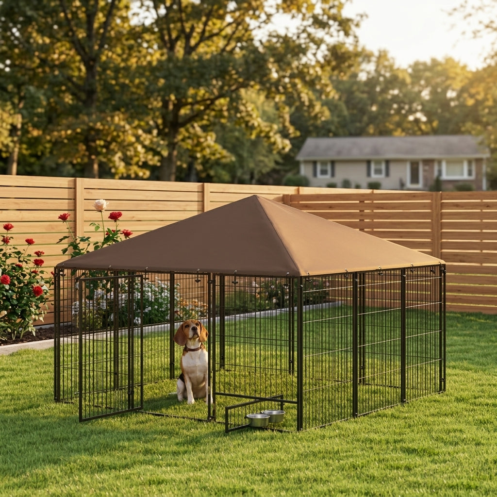 6.9' x 6.9' x 5' Outdoor Dog Kennel with Canopy Garden Playpen Fence Crate Enclosure Cage Rotating Bowl, Coffee