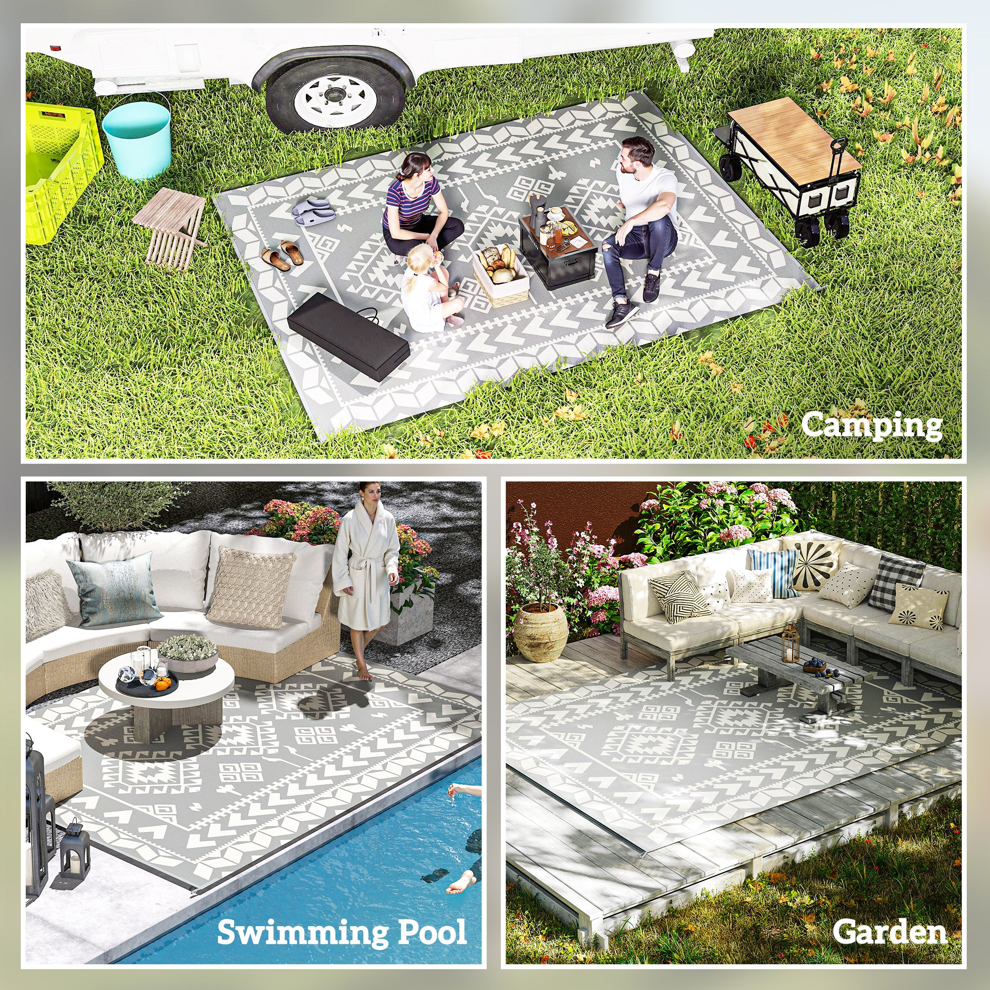 Reversible Outdoor Rug, Waterproof Plastic Straw with Carry Bag, 9' x 12', Gray & White Rhombus Patchwork