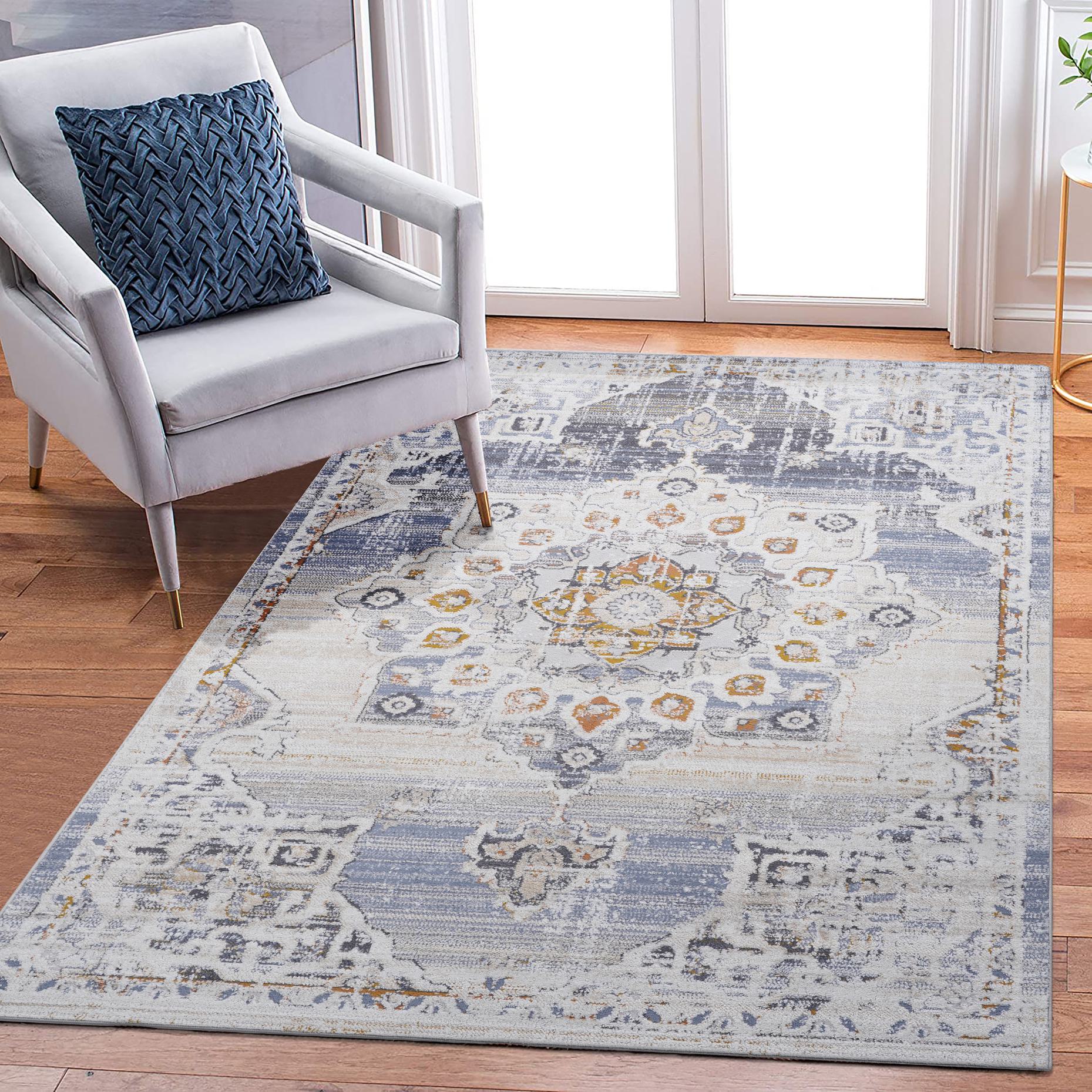 5x7 Stain-Resistant Area Rug with Cotton Backing, Medium Pile Height, Kid and Pet-Friendly Carpet, 90" L x 63" W x 0.3" H, Cream