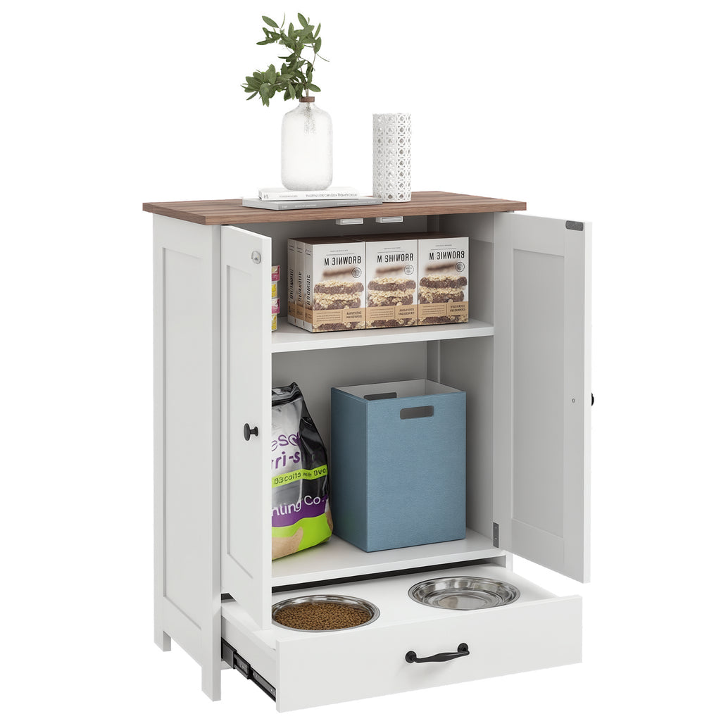 Pet Feeding Station, Dog Food Storage Cabinet w/ Raised Dog Bowls, Adjustable Panel, Hooks for Medium Dogs, White