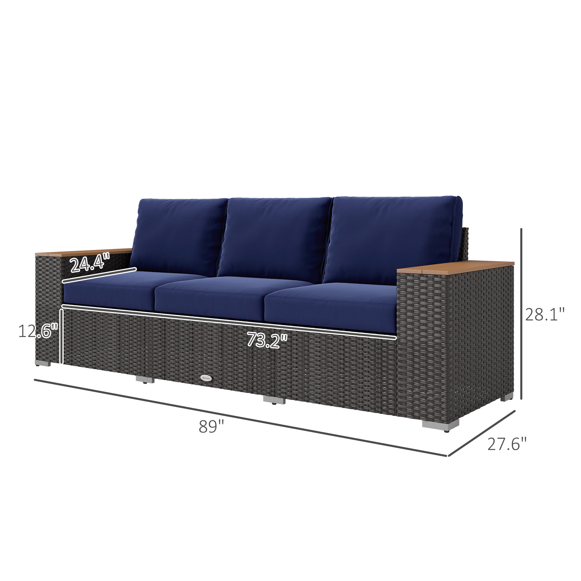 3-Seat Outdoor Patio Sofa, PE Wicker Outdoor Couch with Extra Wide Deep Seat, Wide Armrests 4" Cushions, Navy Blue