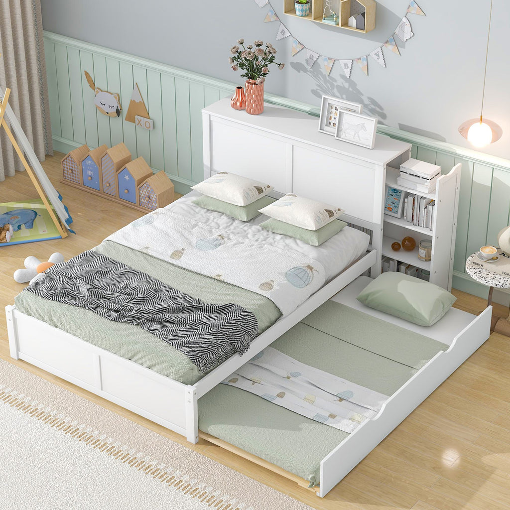 Full Size Storage Platform Bed with Pull Out Shelves, Twin Size Trundle, Solid Wood and MDF, 98" L x 89" W x 39.5" H, White