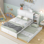 Full Size Storage Platform Bed with Pull Out Shelves, Twin Size Trundle, Solid Wood and MDF, 98" L x 89" W x 39.5" H, White