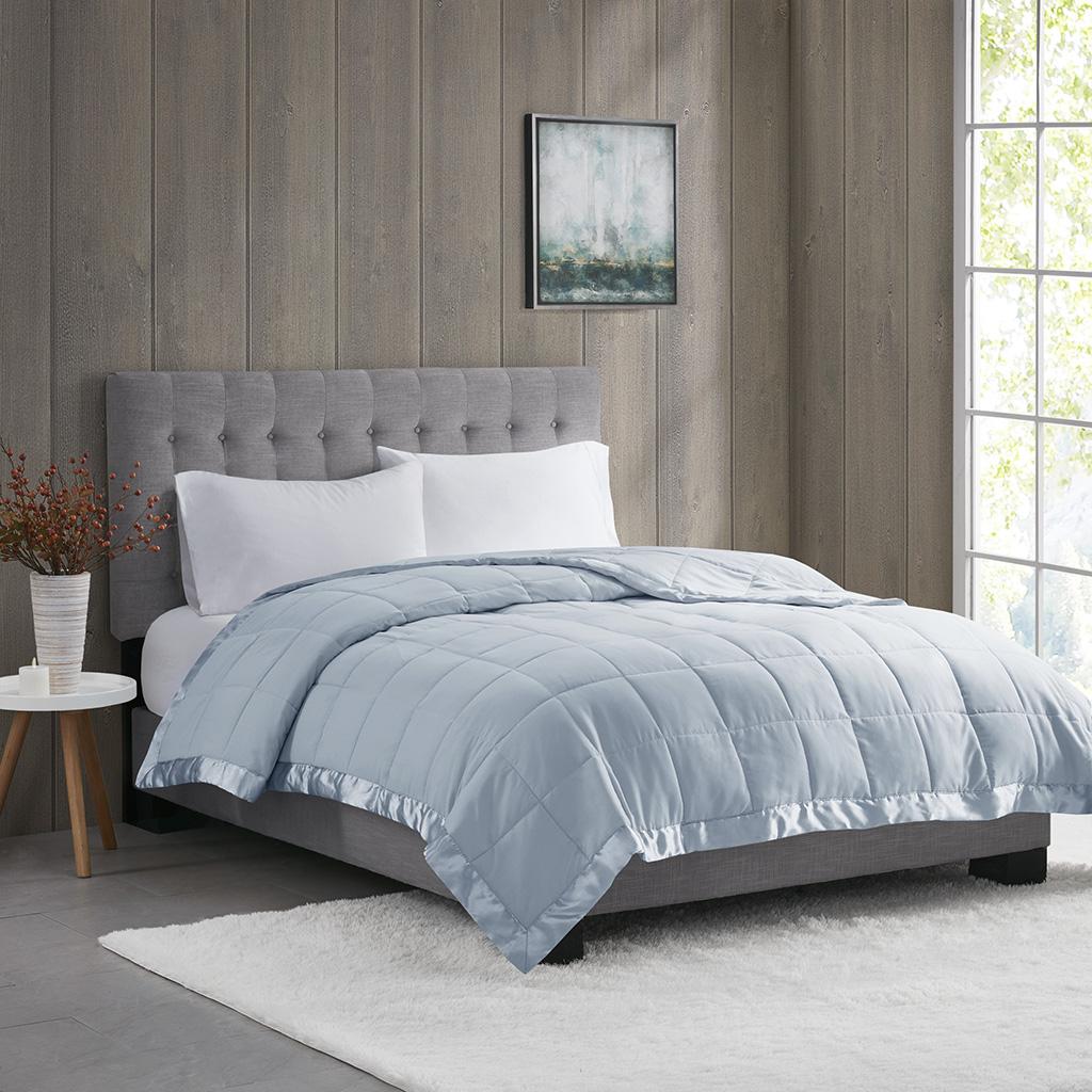 King Size Lightweight Down Alternative Blanket with Satin Trim, Hypoallergenic Polyester, Machine Washable, 108" L x 90" W x 0.25" H, Blue