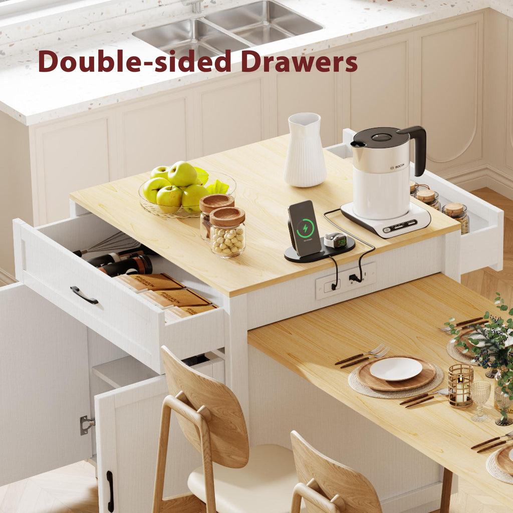 Kitchen Island with Extendable Table, Double-Sided Storage, Power Outlet, Adjustable Shelves, Lockable Wheels, 83" L x 27.5" W x 36" H, White Oak