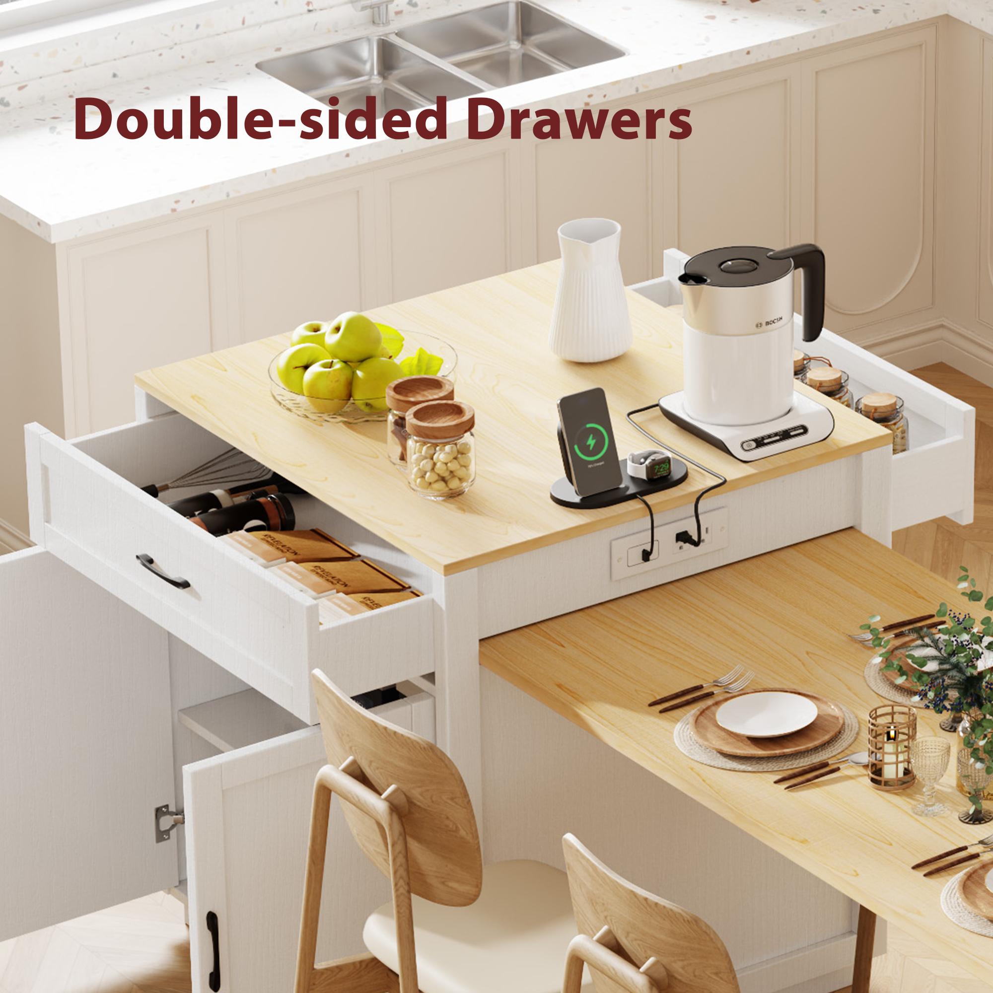 Kitchen Island with Extendable Table, Double-Sided Storage, Power Outlet, Adjustable Shelves, Lockable Wheels, 83" L x 27.5" W x 36" H, White Oak