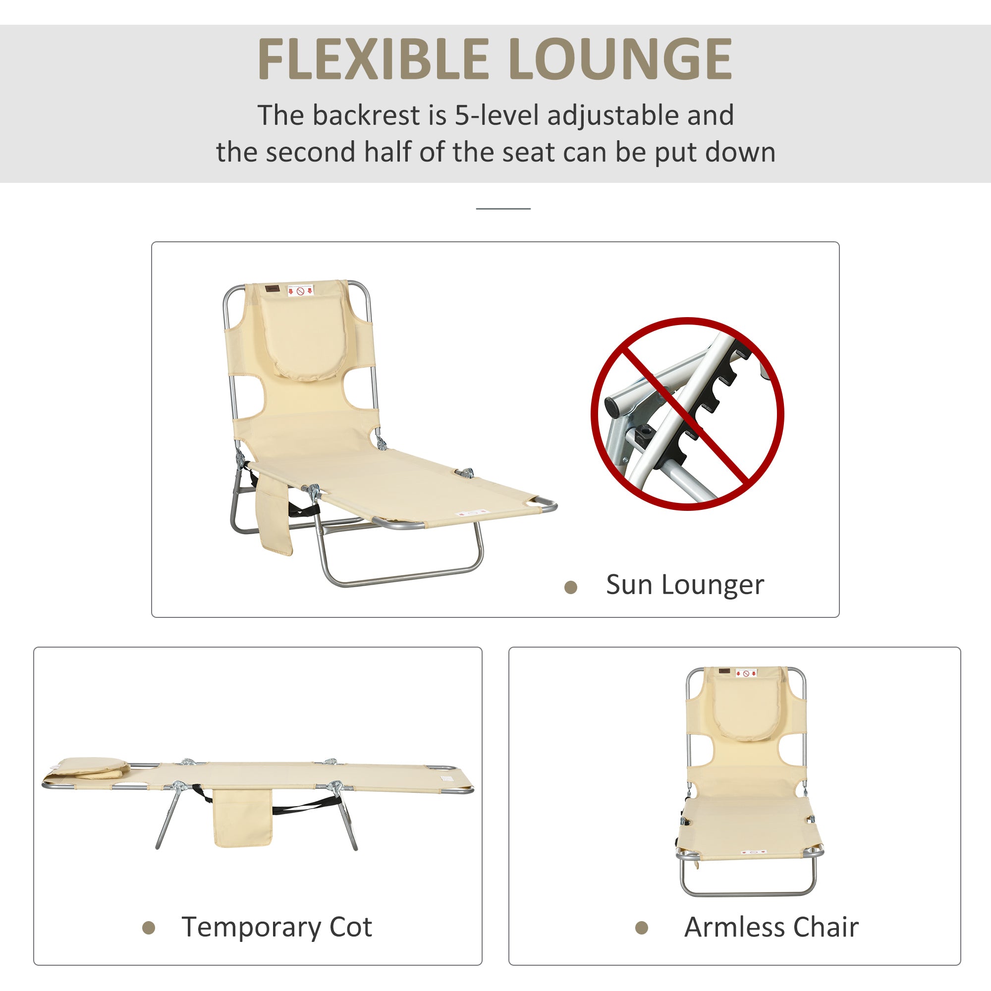 Tanning Chair with Face Hole, 5-Level Adjustable Outdoor Chaise Lounge Chair with Pillow for Beach, Pool, Beige
