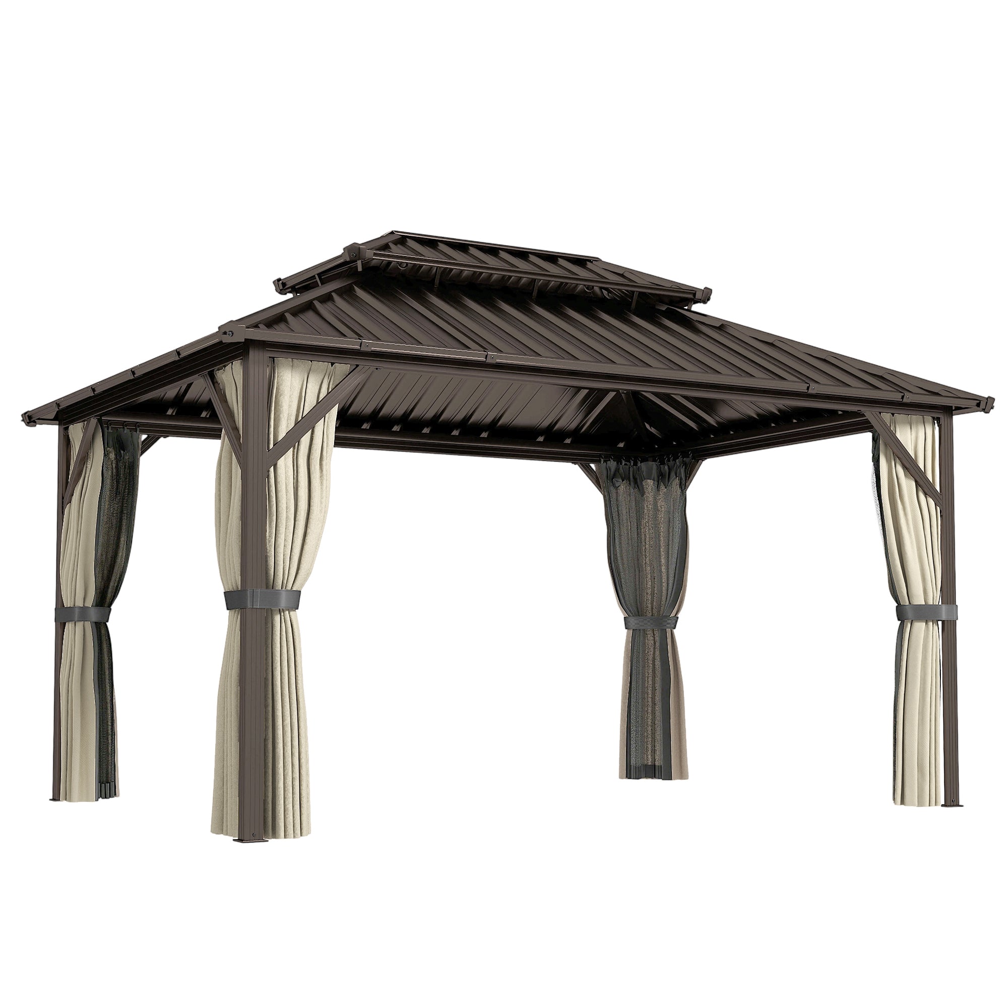 10' x 14' Hardtop Gazebo with Double Galvanized Steel Roof Canopy, Aluminum Frame Permanent Gazebo, Brown