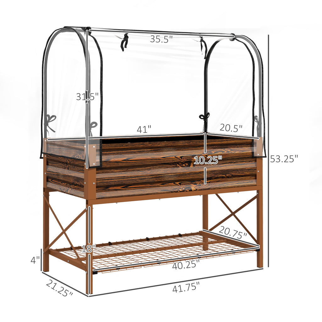 Raised Garden Bed with Legs and Cover, Metal Elevated Planter Box with Bottom Shelf and Liner for Vegetables, Brown
