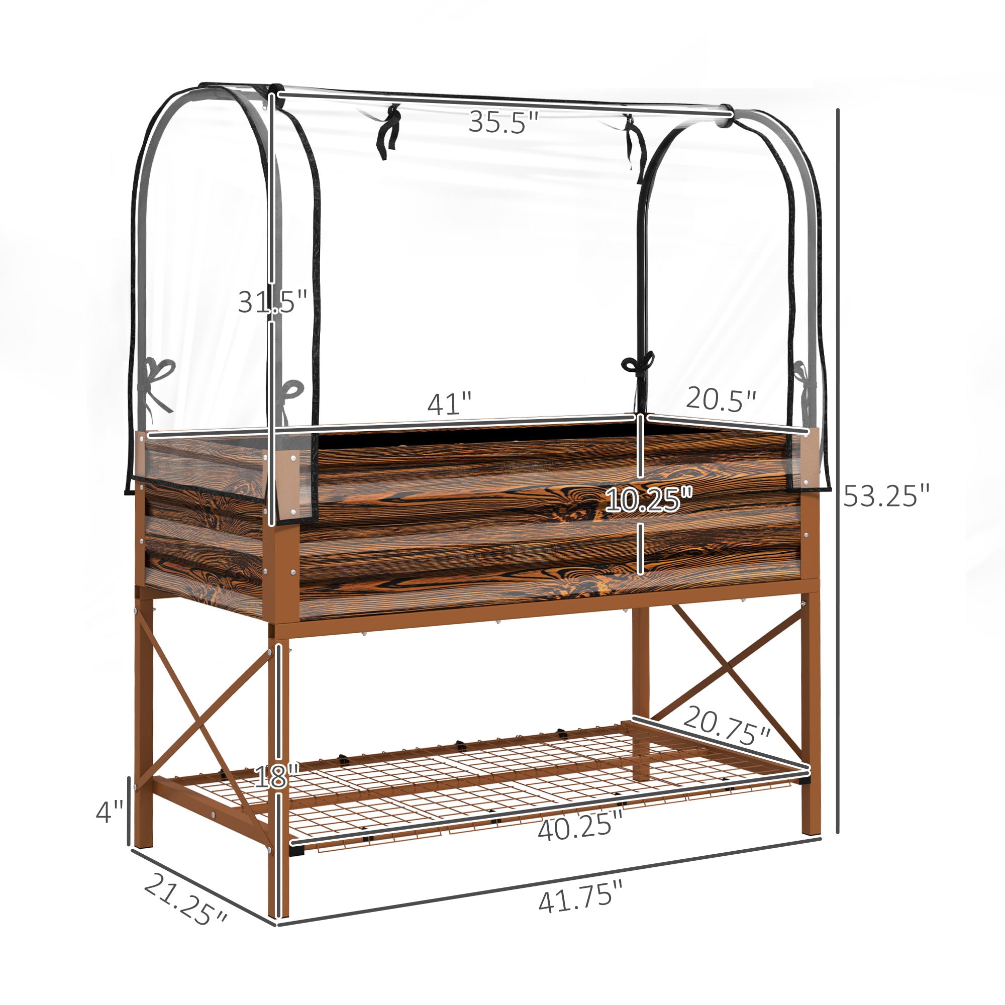 Raised Garden Bed with Legs and Cover, Metal Elevated Planter Box with Bottom Shelf and Liner for Vegetables, Brown