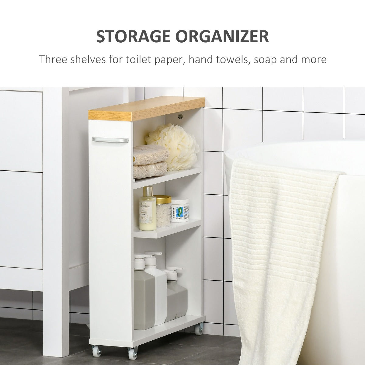 Slim Bathroom Cabinet with Castor Wheels Storage Organizer and Wood Shelves To Fit In Small Spaces, White