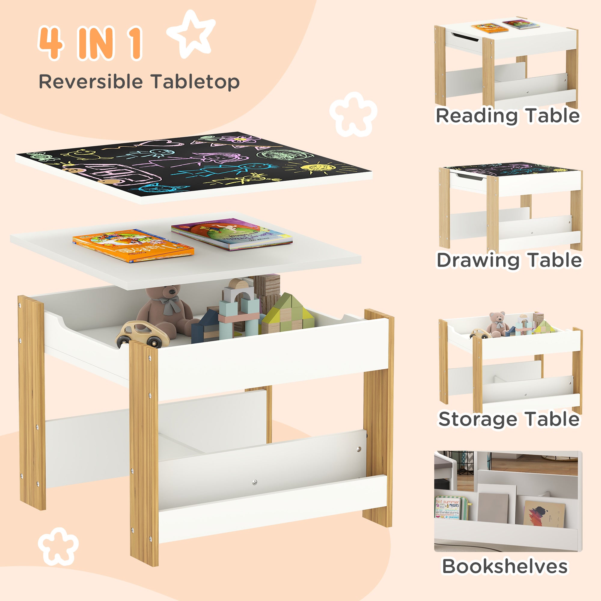 3pc Kids Table and Chair Set with Reversible Tabletop Blackboard, Storage & Bookshelves, Natural