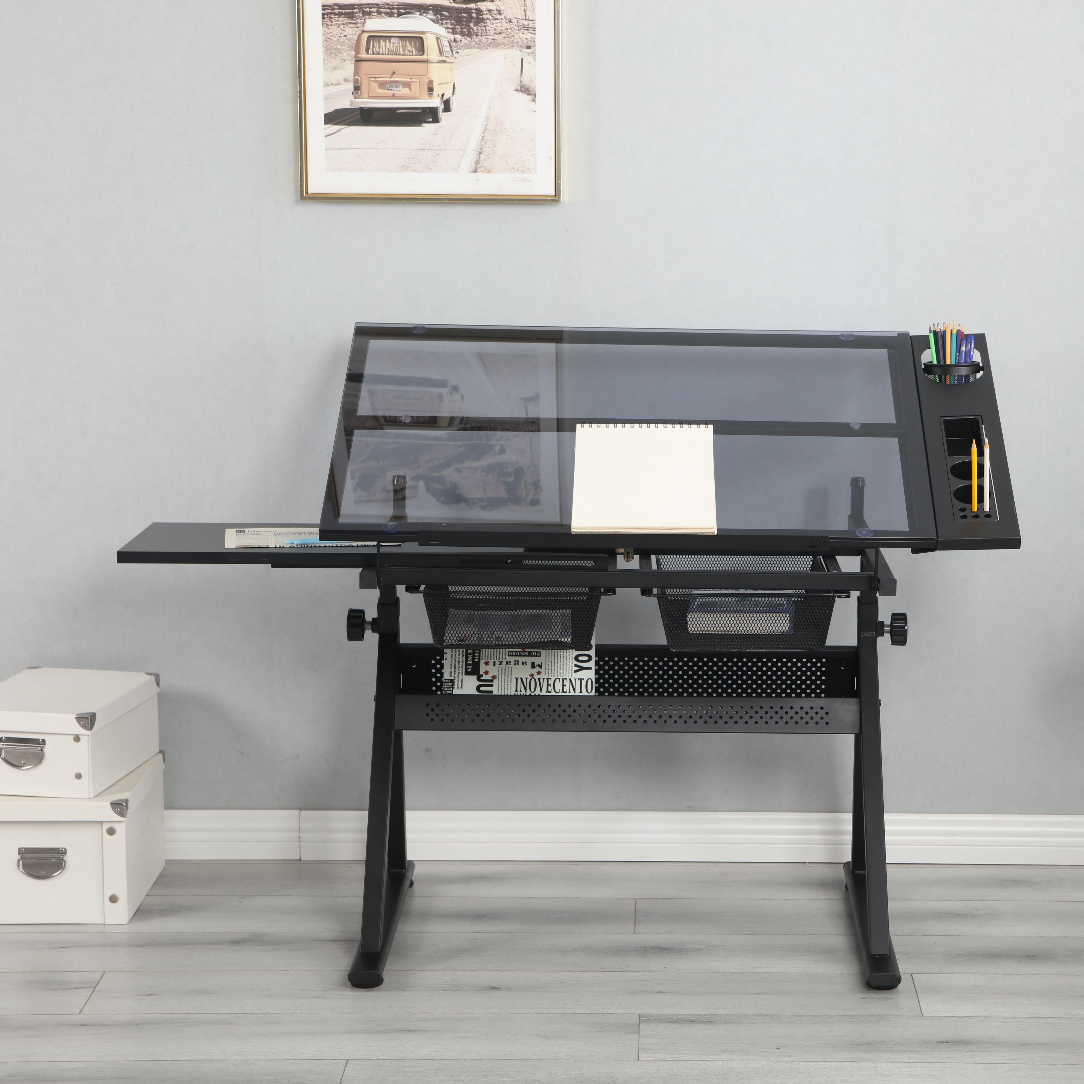 Adjustable Tempered Glass Drafting Table with 2 Large Metal Drawers and Stool, Desk with Side Storage Rails, 40" L x 23.5" W x 27.5" H, Black