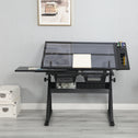 Adjustable Tempered Glass Drafting Table with 2 Large Metal Drawers and Stool, Desk with Side Storage Rails, 40" L x 23.5" W x 27.5" H, Black