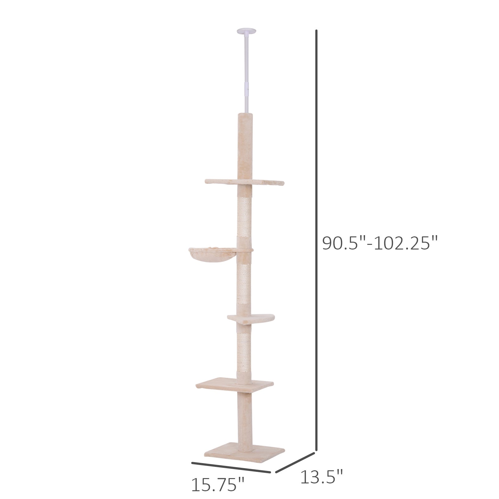 102" Adjustable Height Floor to Ceiling Cat Tree, 5 Level Cat Tower with Scratching Posts, Hammock, Beige