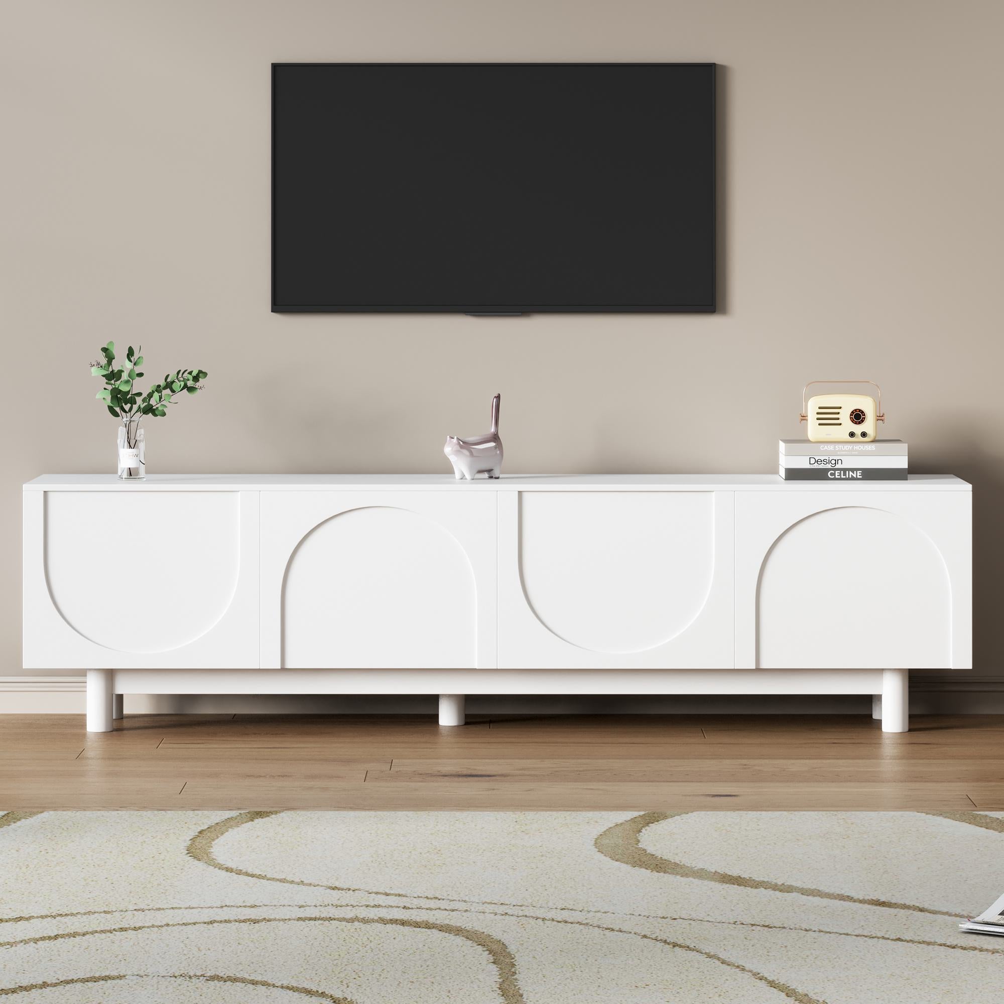 Graceful TV Stand with Arch Cabinets for TVs Up to 78", Minimalist Entertainment Center with Adjustable Shelves and Cable Management, White