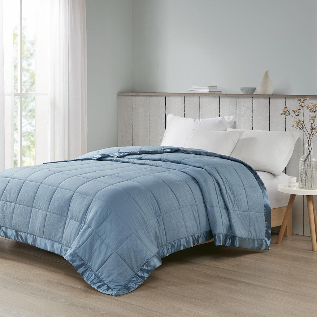 Machine Washable Down Alternative Blanket with Satin Trim, Hypoallergenic Fllling, OEKO-TEX Certified, 96" L x 90" W x 0.25" H, Blue