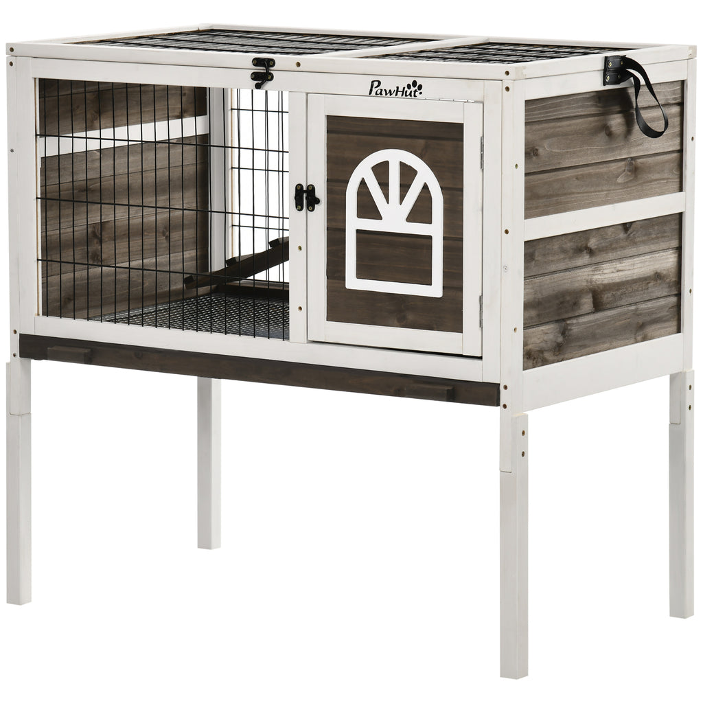 Wood Rabbit Hutch, Elevated Guinea Pig Cage with Run, Coffee