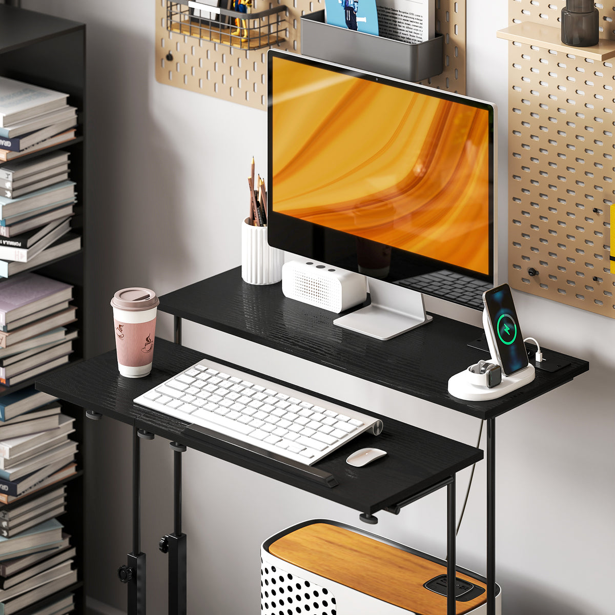 Adjustable Standing Desk with Power Outlets, Stand Up Desk with Tiltable Tabletop, Wheels, Shelf, for Home Office, Black