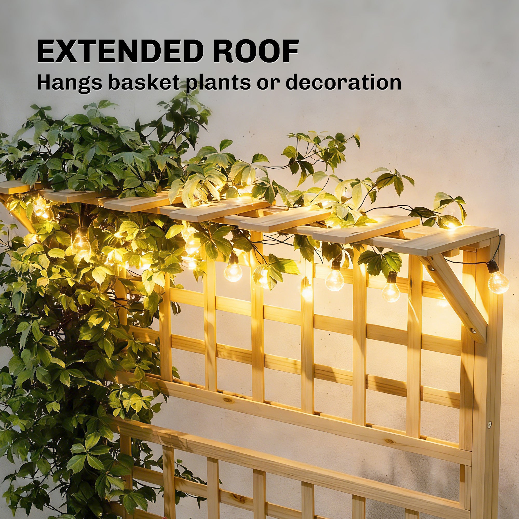 Wooden Raised Garden Bed with Trellis and Roof, Elevated Planter Box with 2 Shelves, Drainage Hole and Liner, Natural