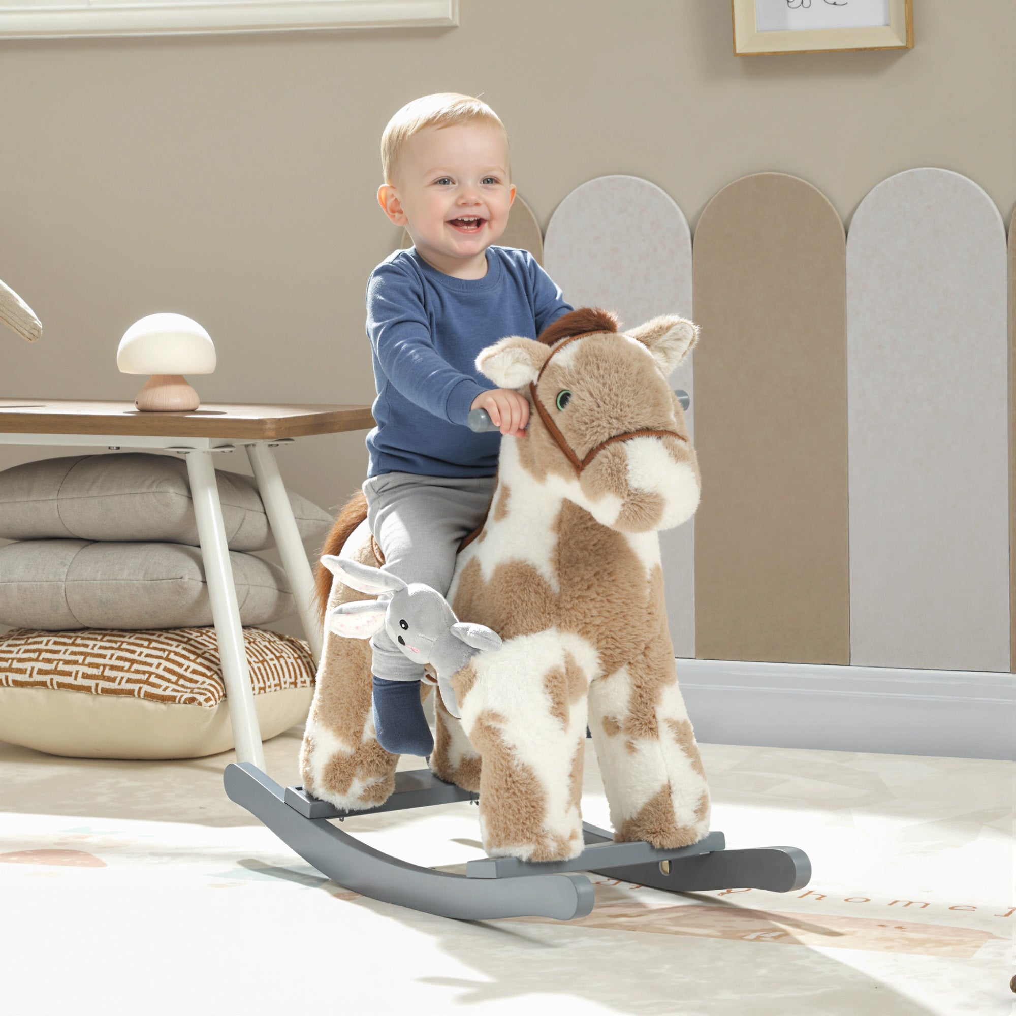 Rocking Horse, Kids Plush Horse Rocker with Rabbit Toy and Realistic Neigh for Toddlers 2–5 Years Old, Brown
